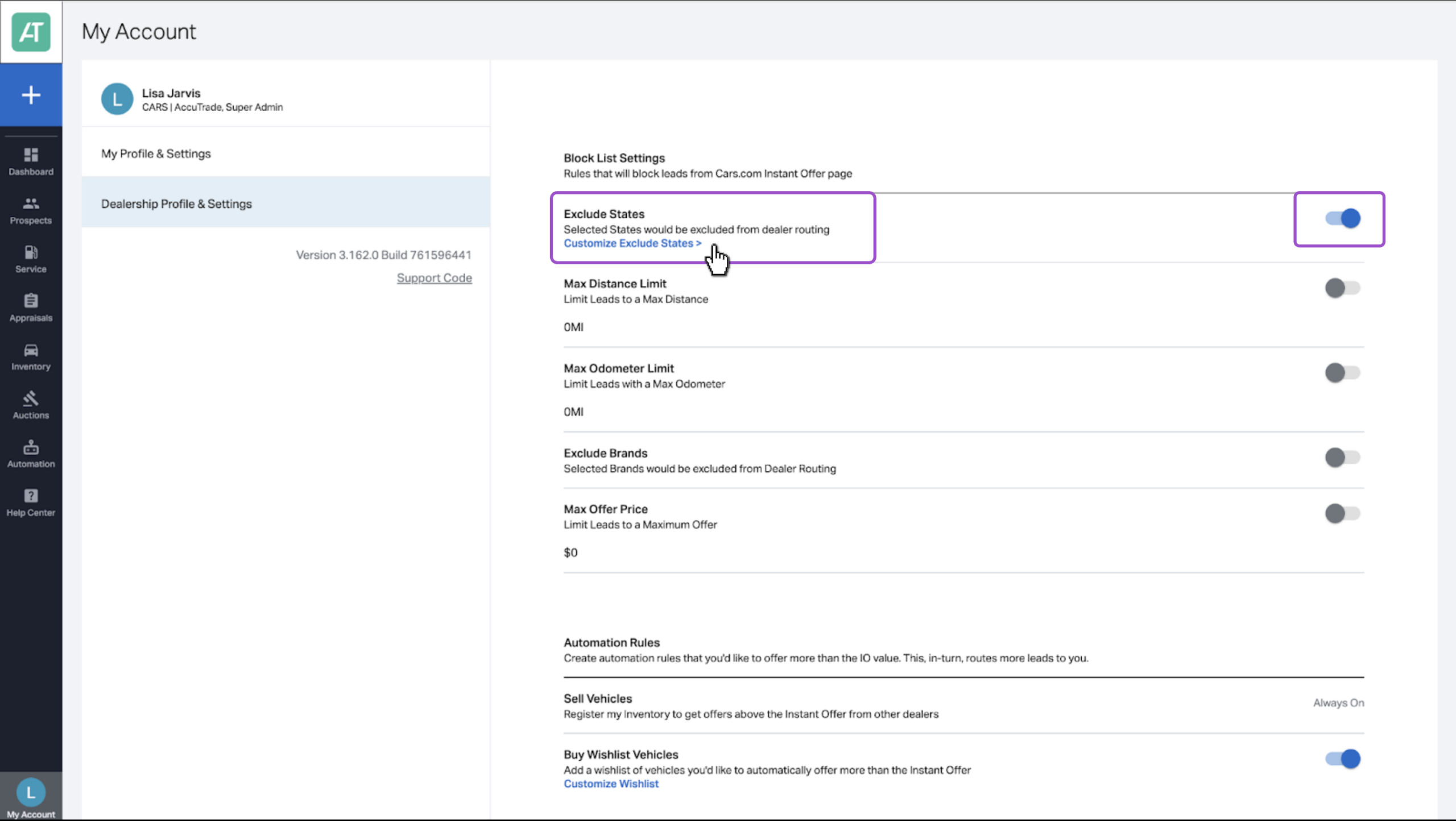 Blocklist setting toggles