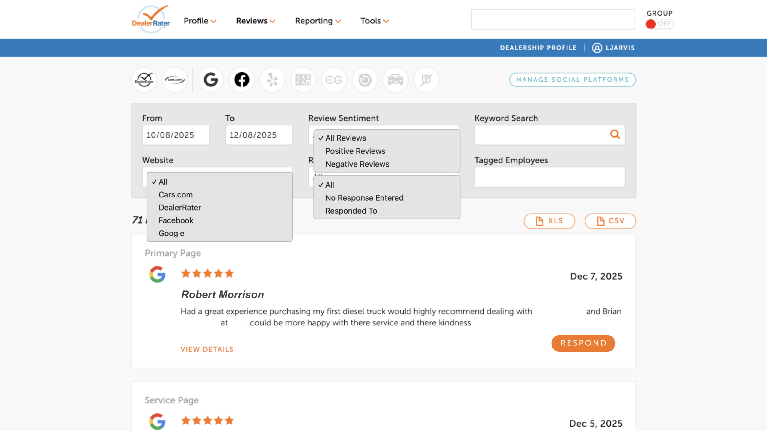 Filtering review results on DealerPanel