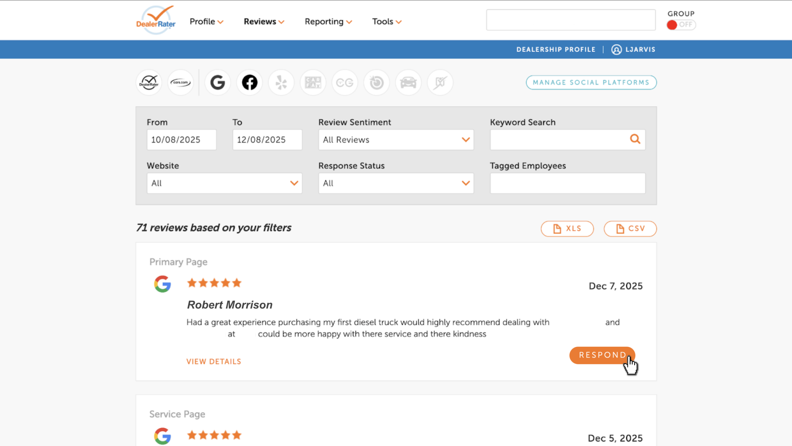 Click respond to respond to a review