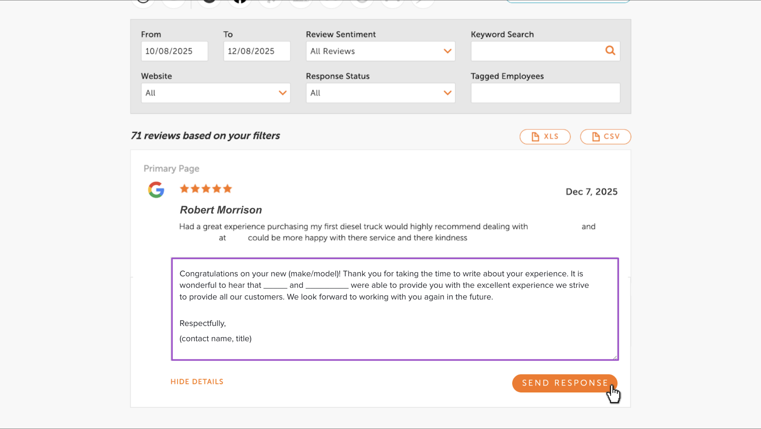 Text box on the dealerpanel to respond to reviews