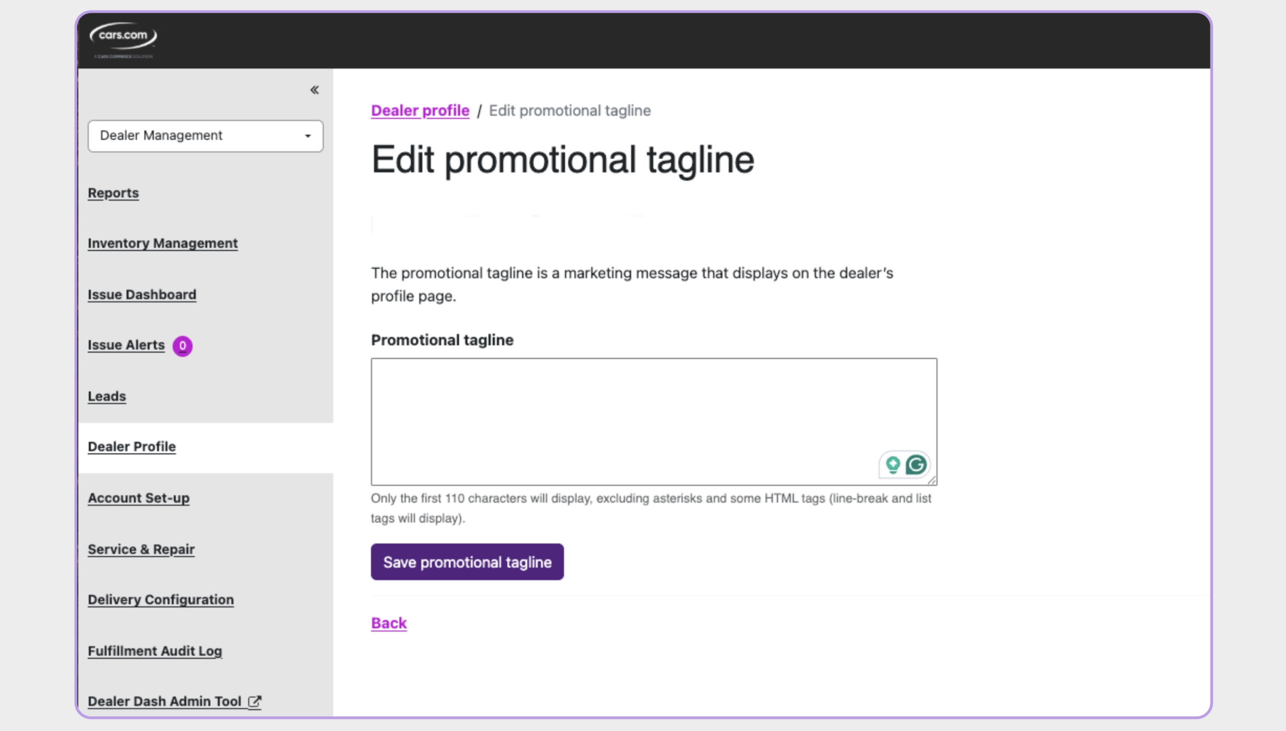 Manage promotional tagline