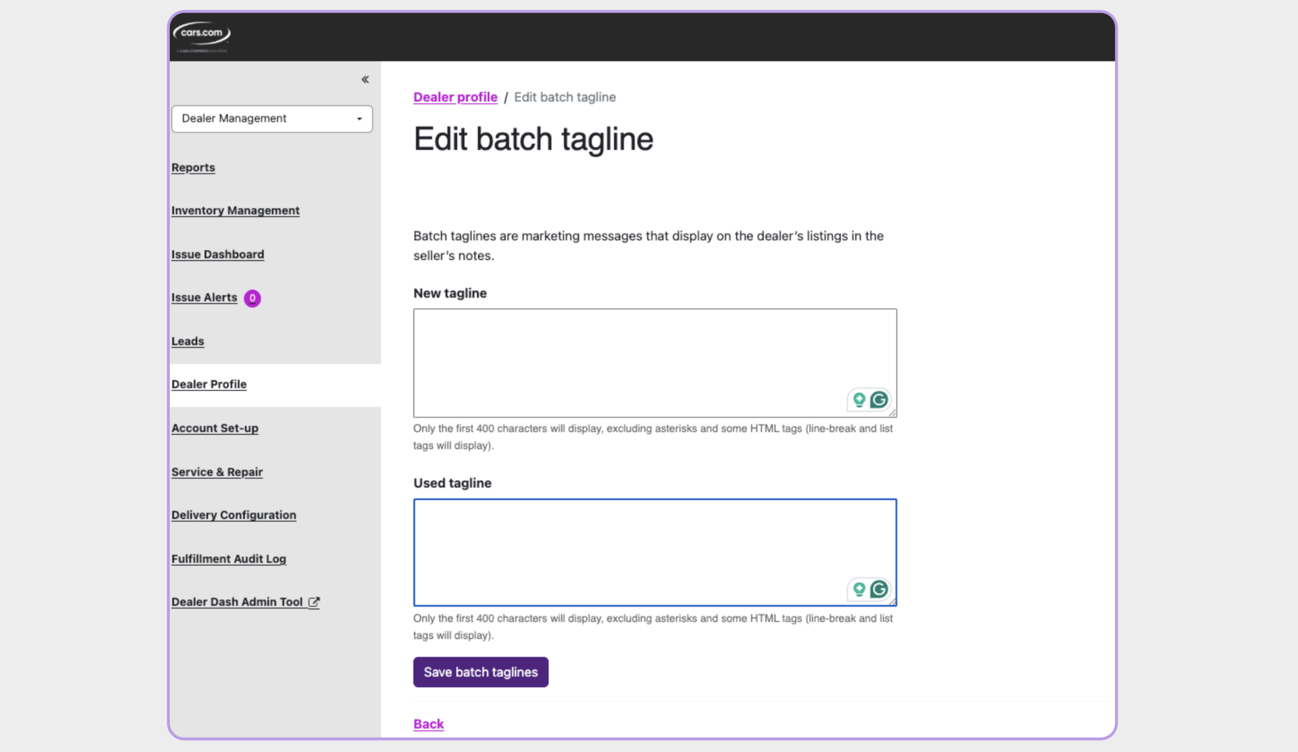 Manage batch taglines