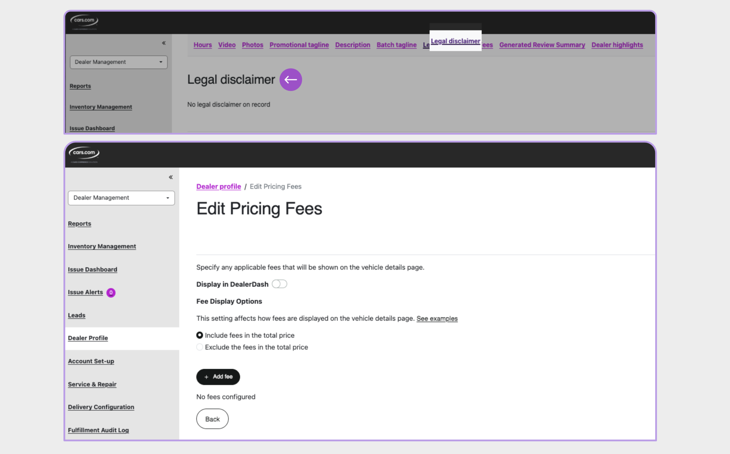 Review legal disclaimers and fees