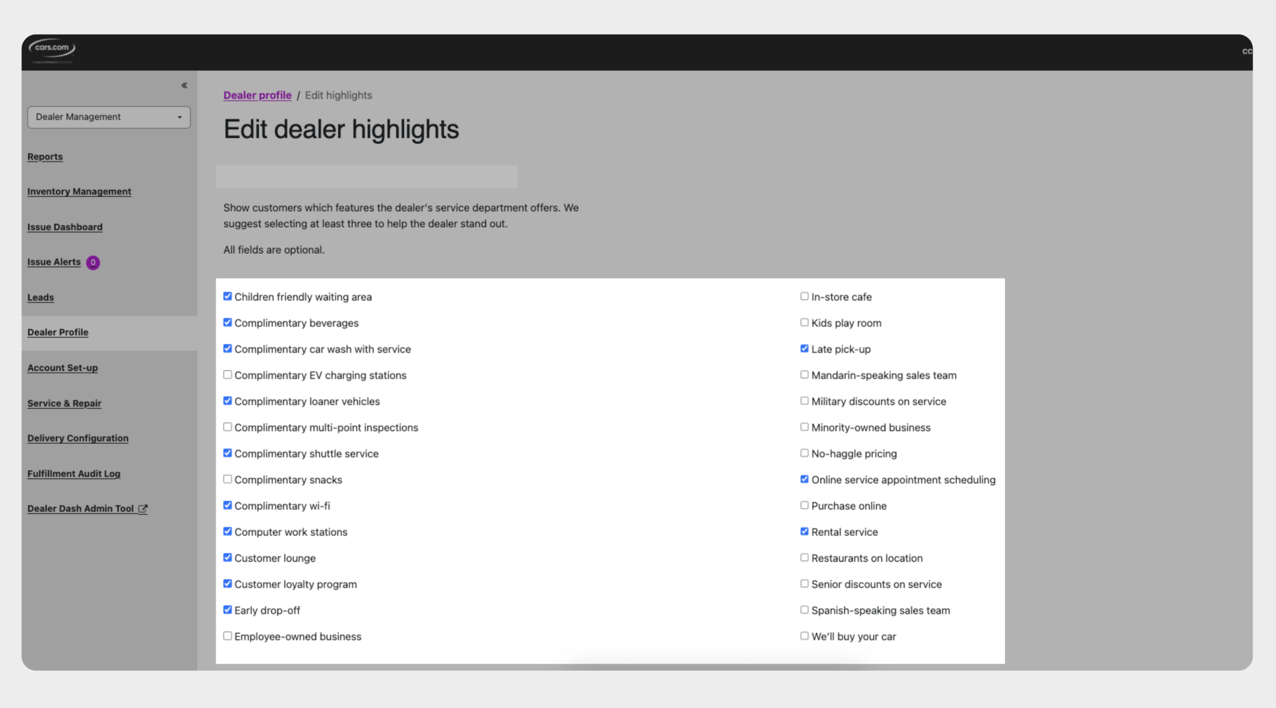Manage dealer highlights