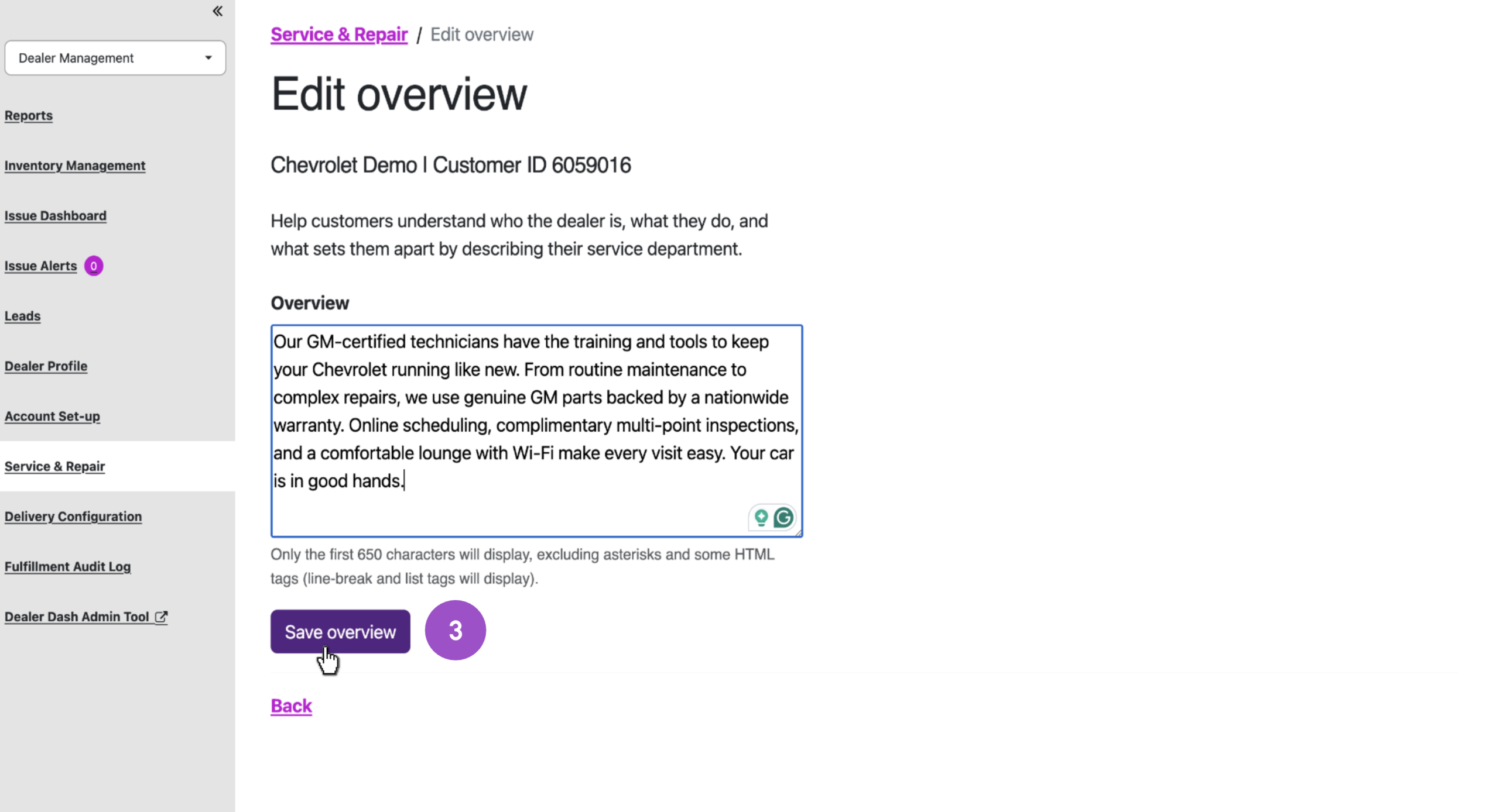dealer module save overview