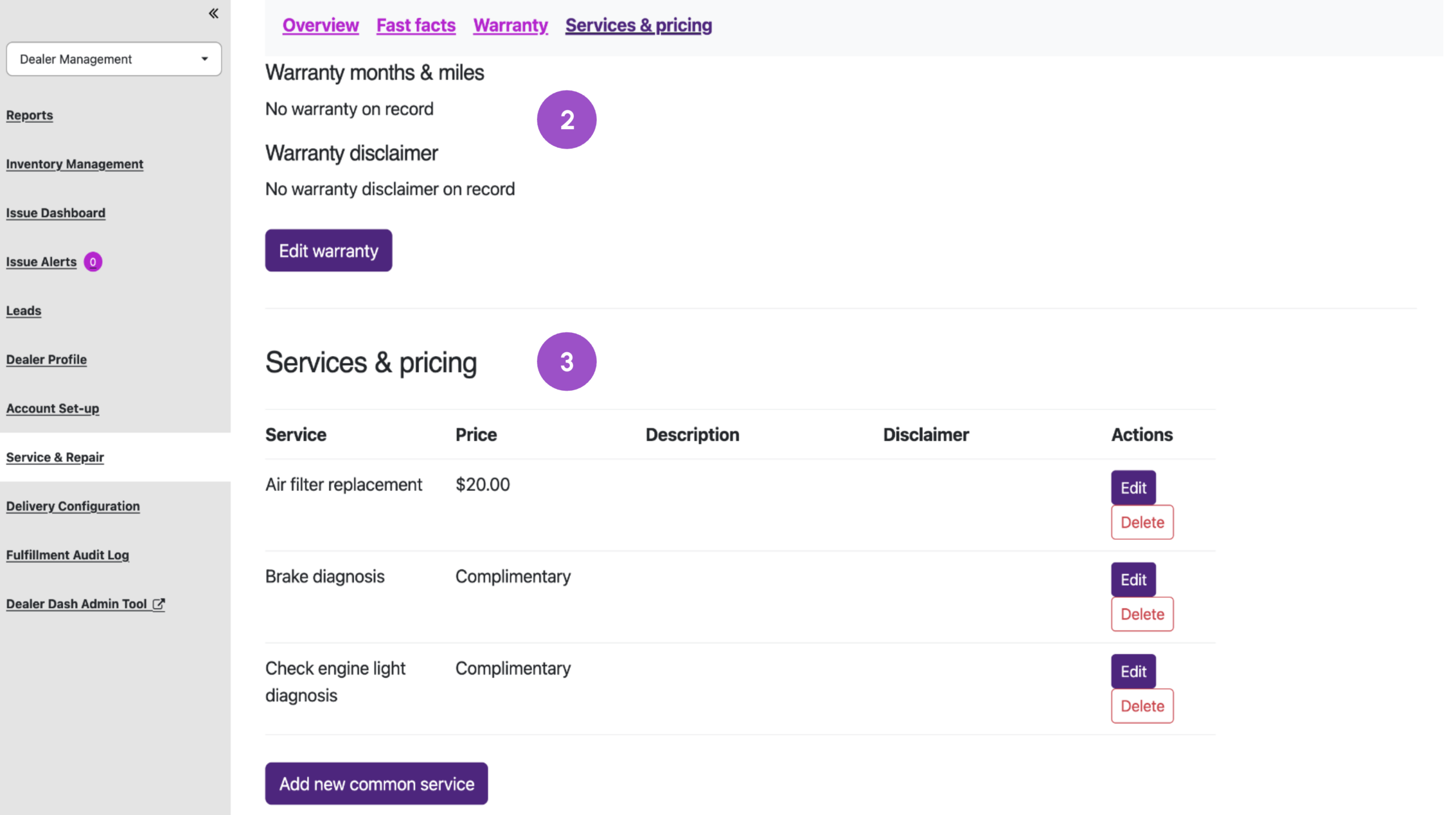 dealer module warranty and services&pricing
