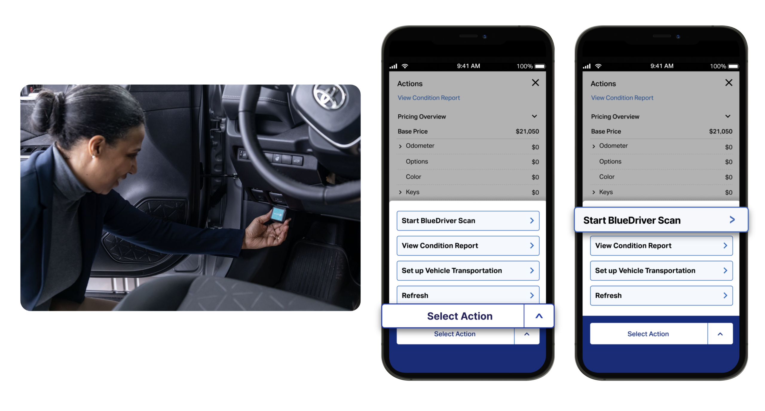 mobile app Select Actions and Start BlueDriver Scan