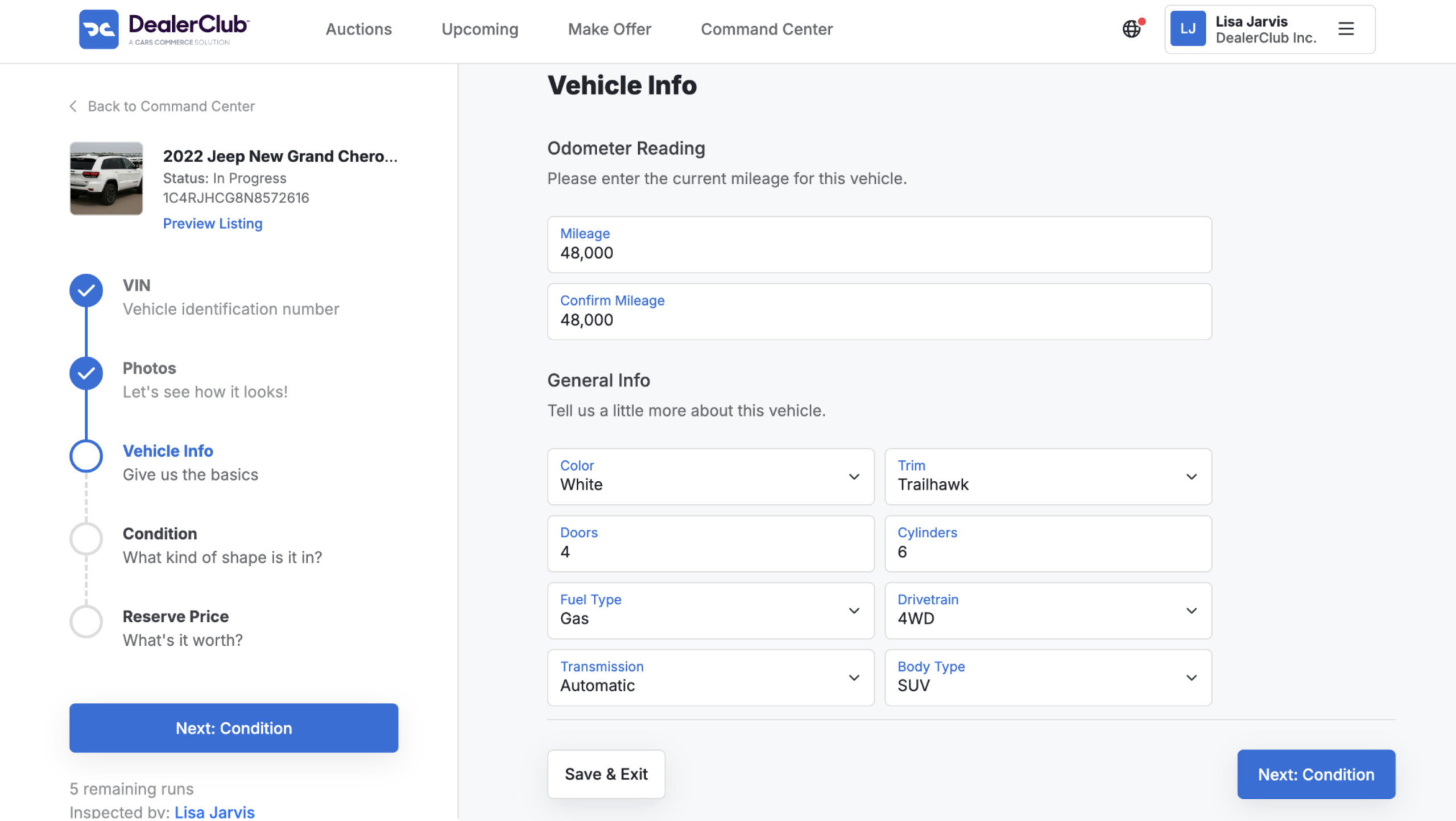 Vehicle condition, Listing details, Required disclosures