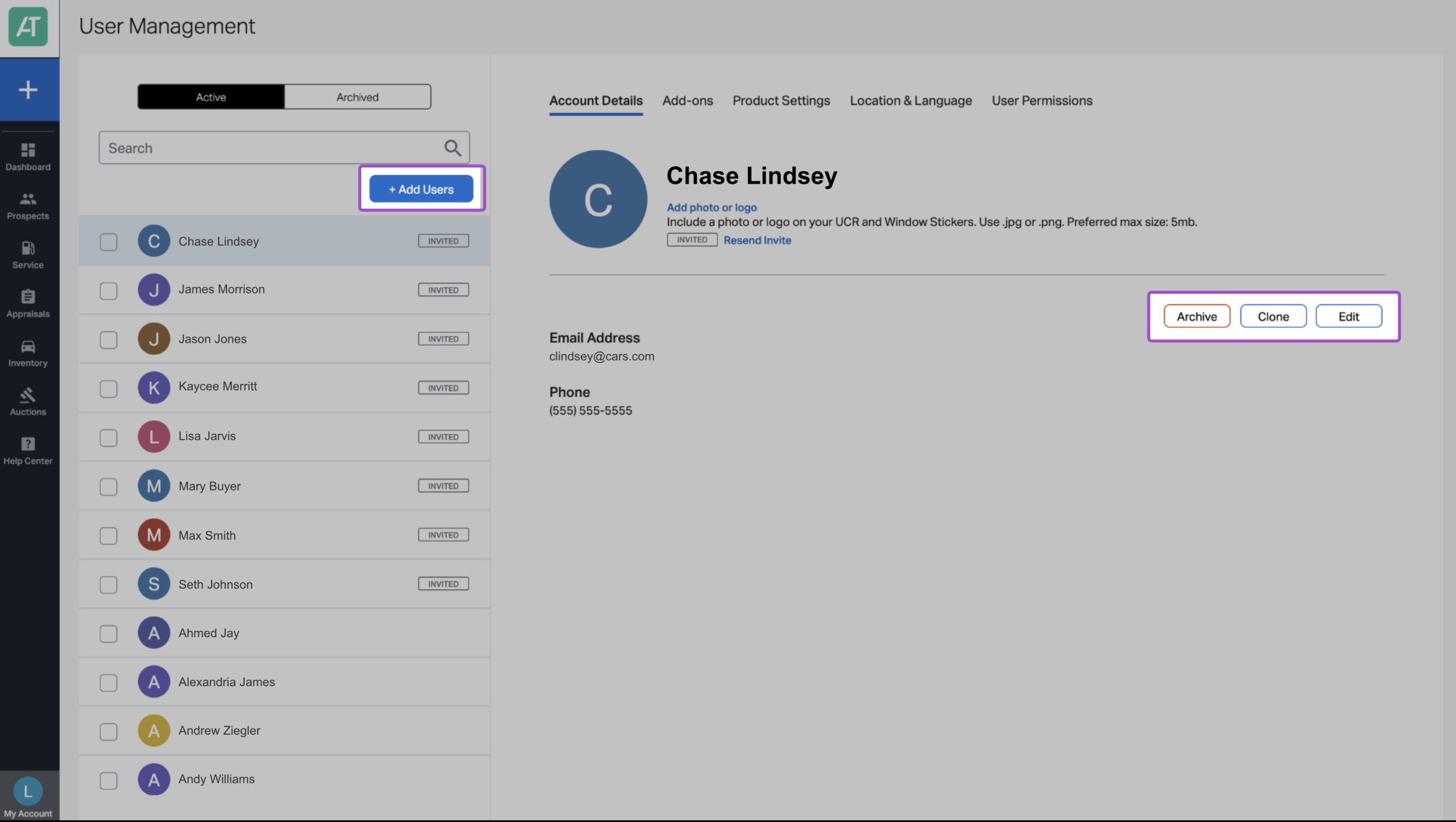 user management add edit archive clone