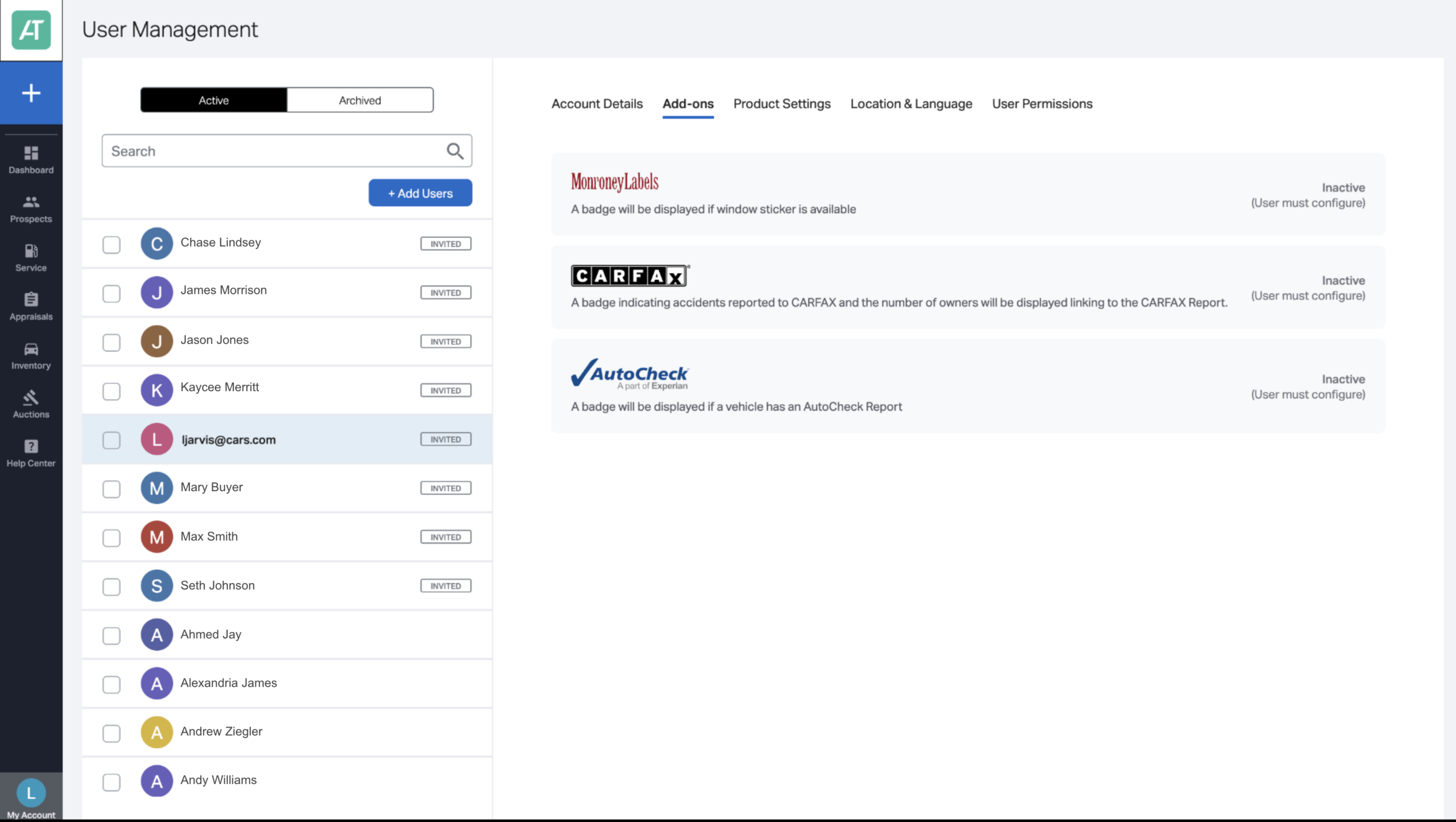 Adjust user and account settings add-ons