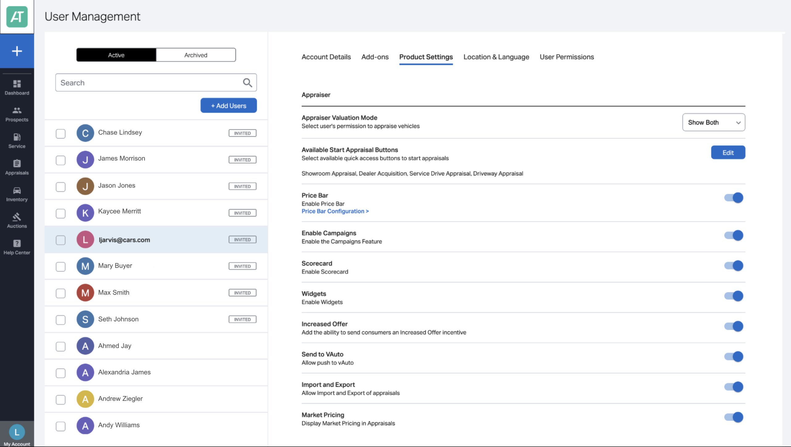 Adjust user and account settings product settings