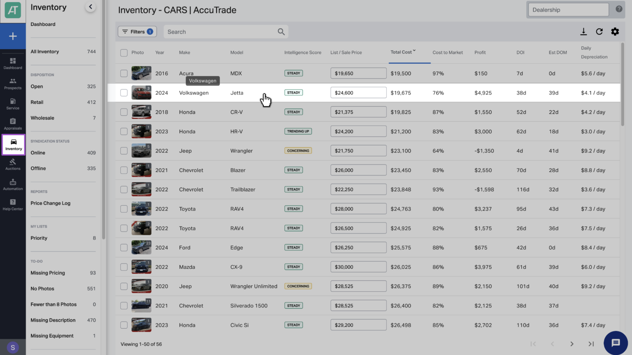 set retail list prices Select the vehicle from your inventory
