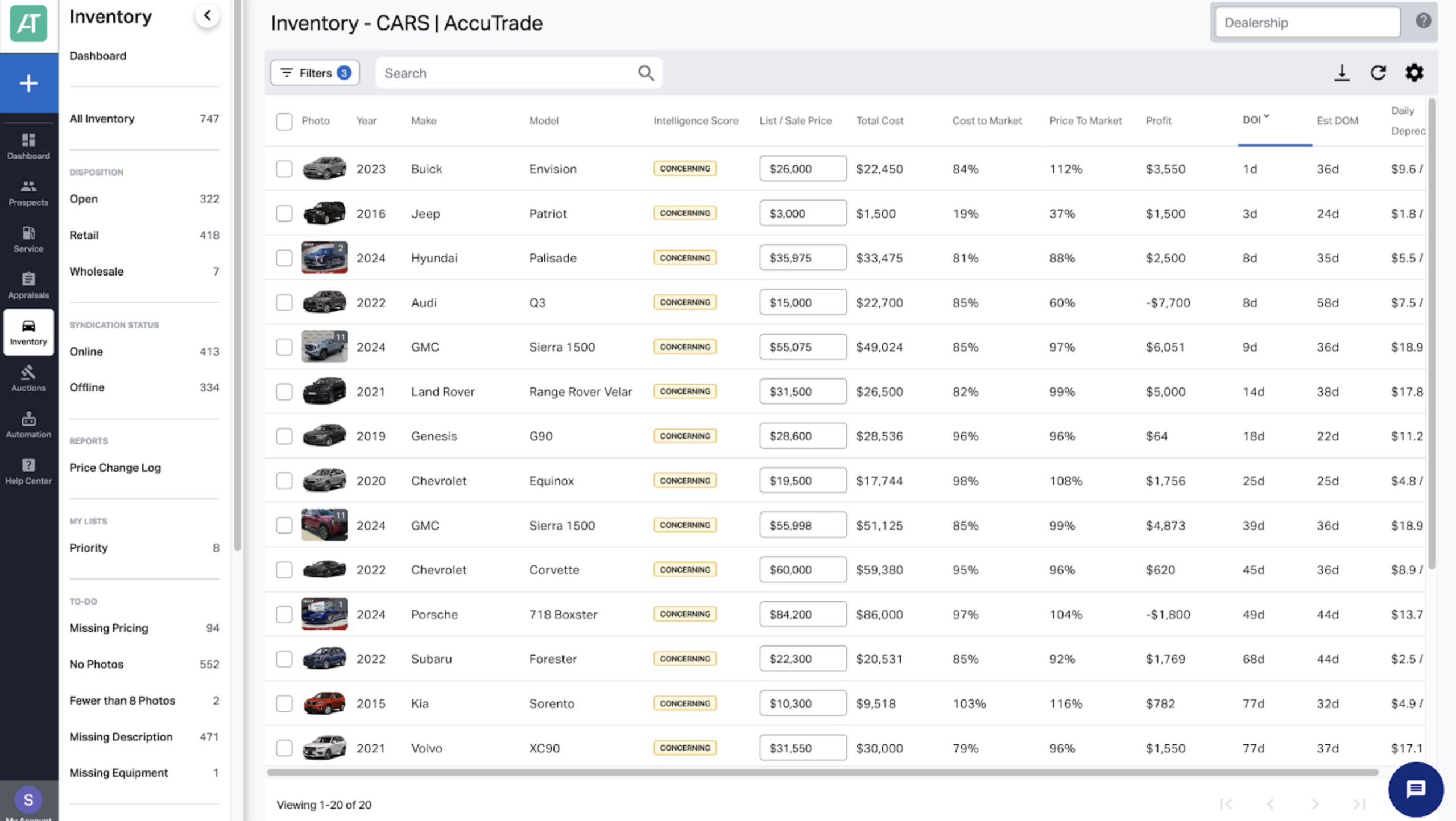 AccuTrade appraisals screen