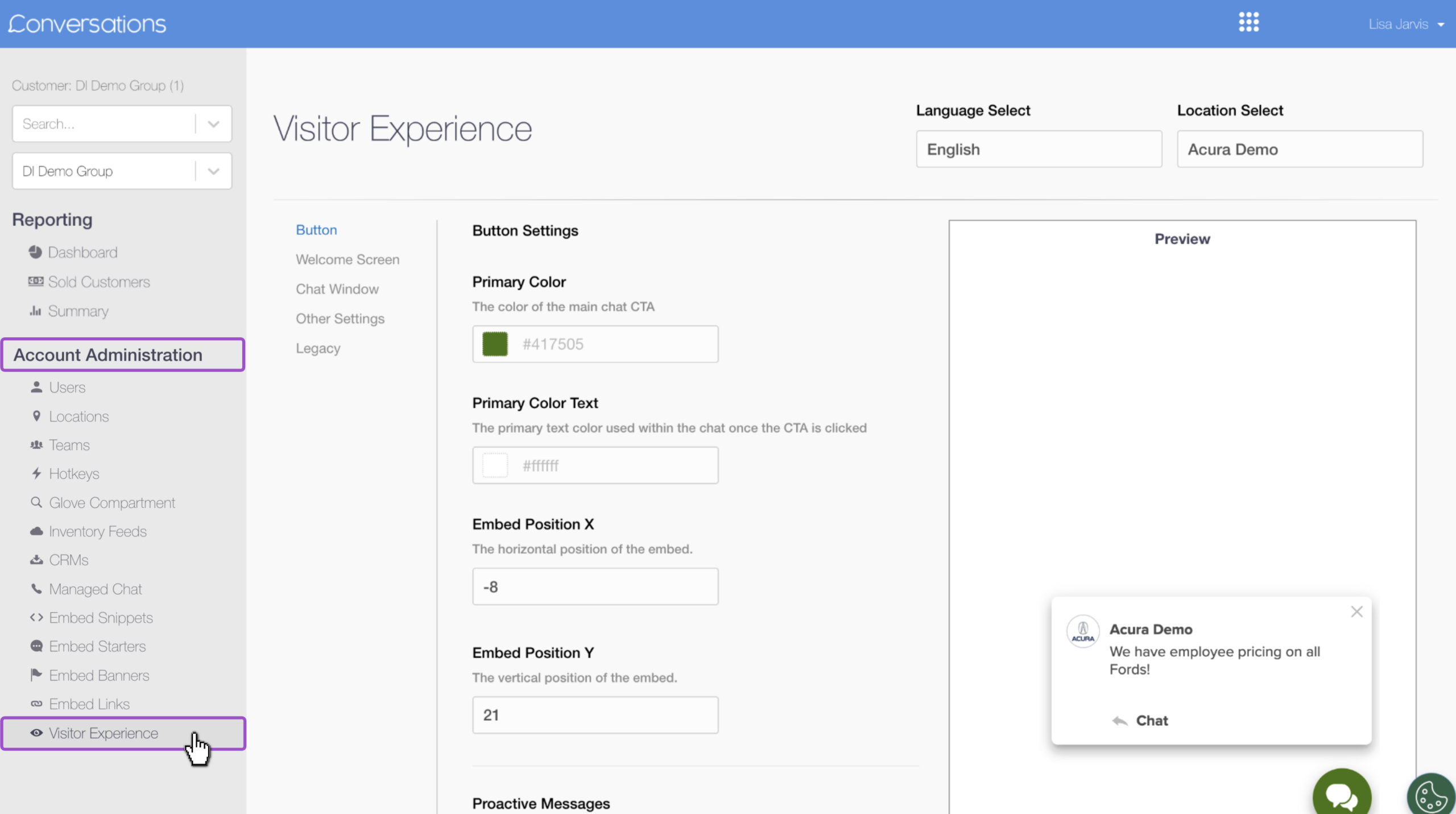 Visitor Experience under the Account Administration section