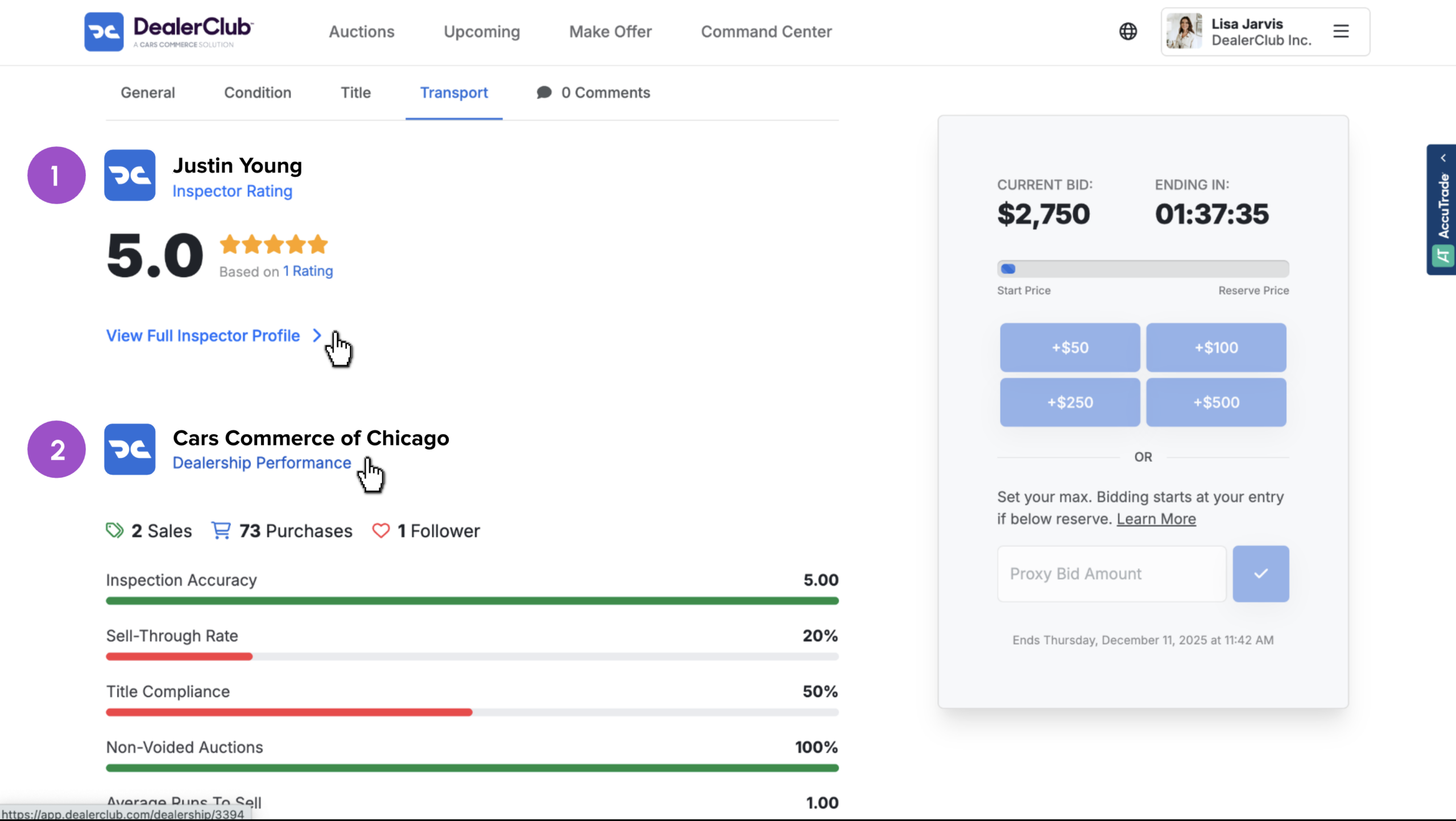 View inspector profile or dealership performance