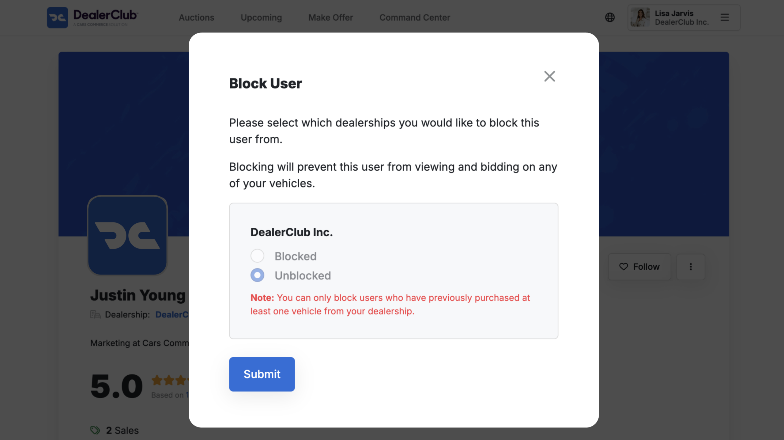 dealerClub Choose Block to prevent interaction or inventory visibility