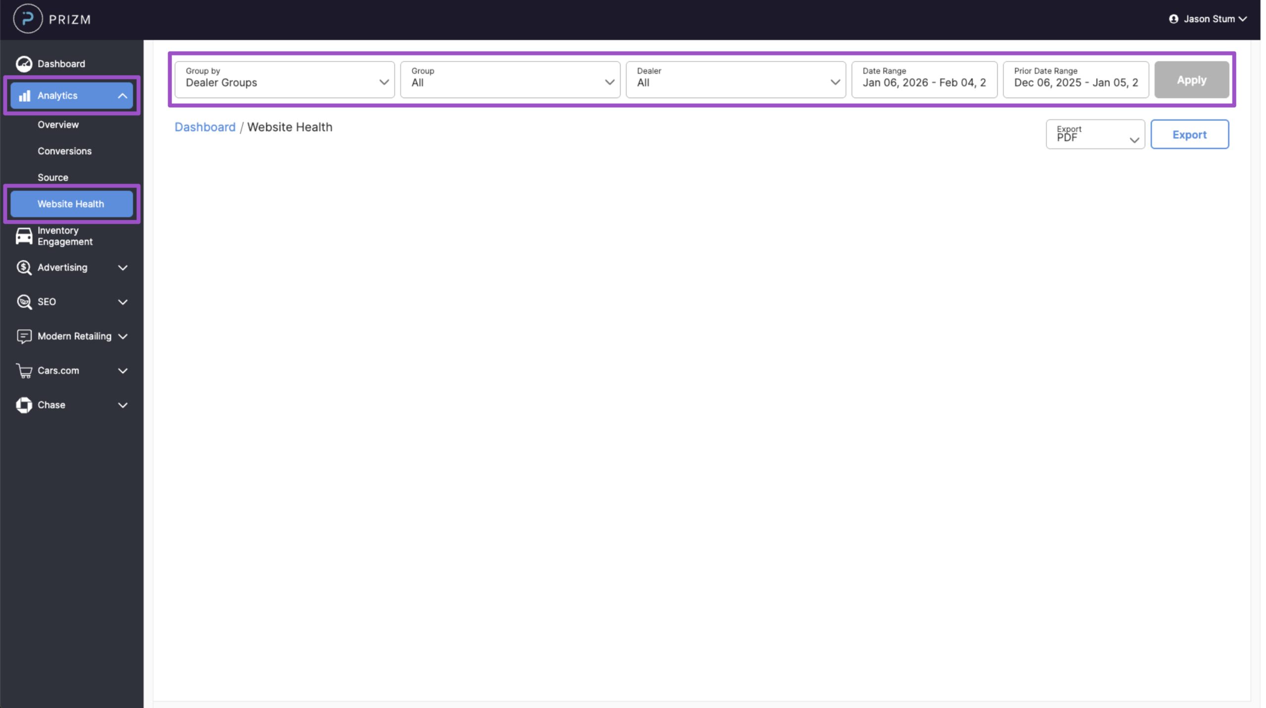 Accessing the website health report