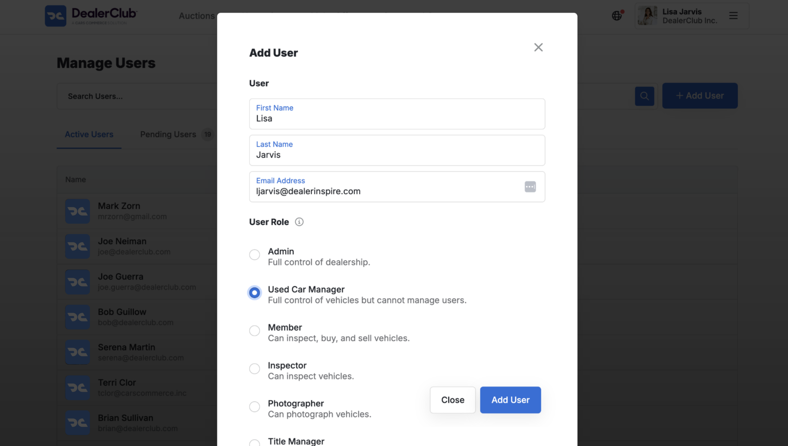 dealerClub Enter user information and assign a role