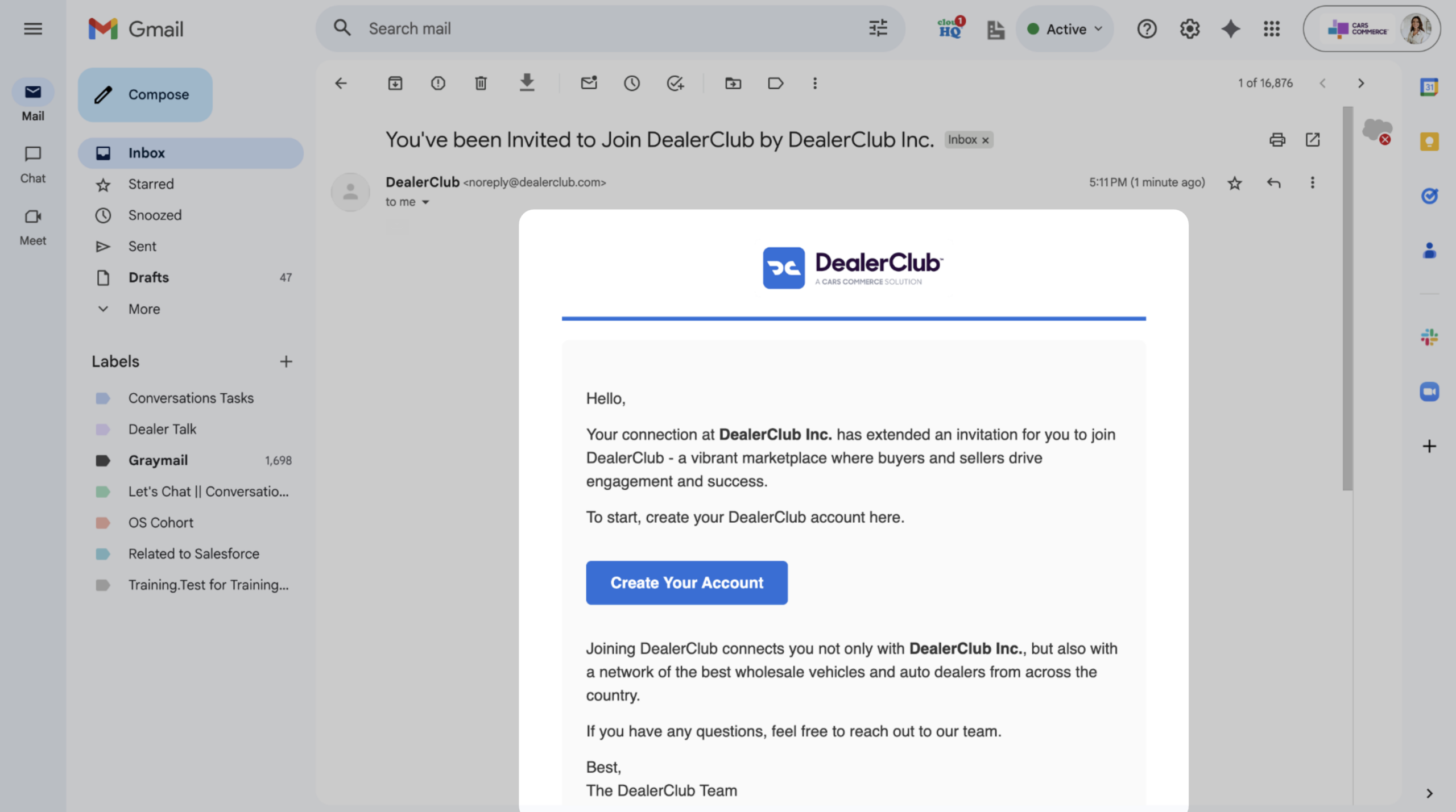 dealerClub email with a link to create their DealerClub profile