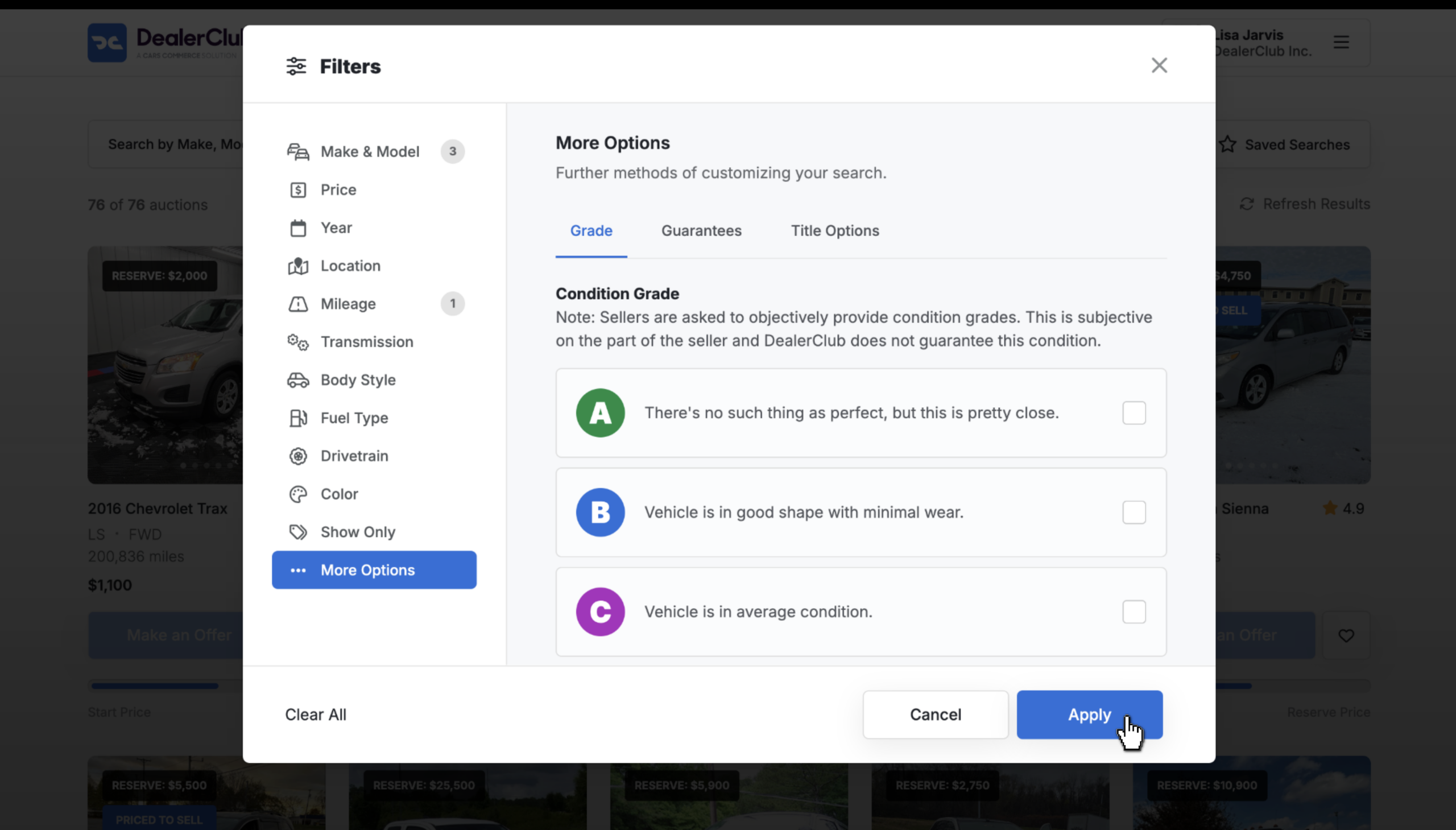 dealerClub more options filters