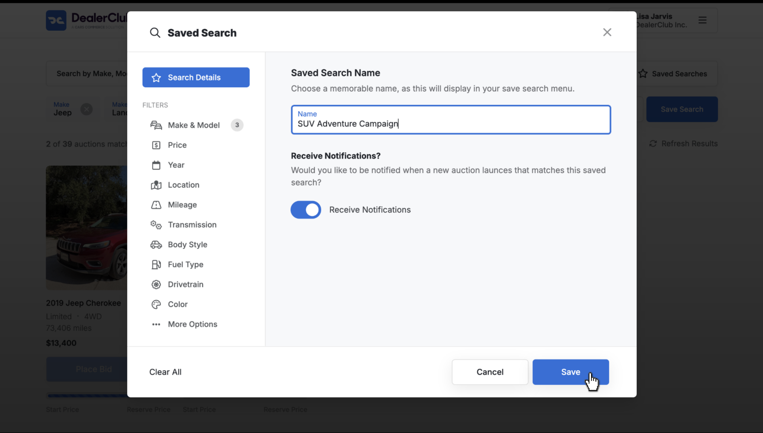 dealerClub Give your search a name, then click Save