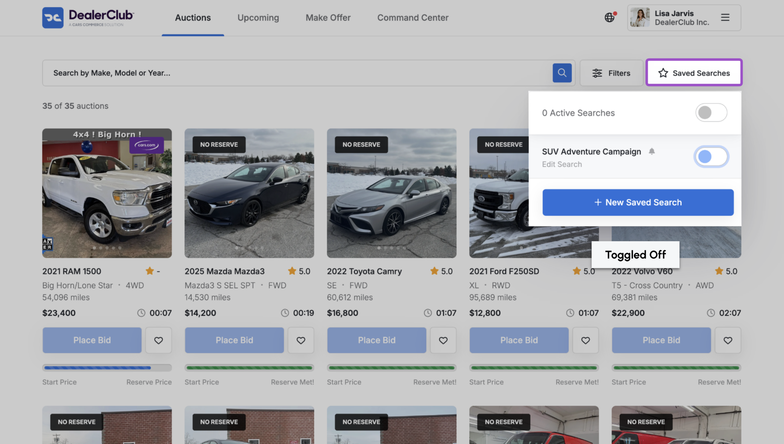 dealerClub Toggling a search off resets your Auctions page to show all listings