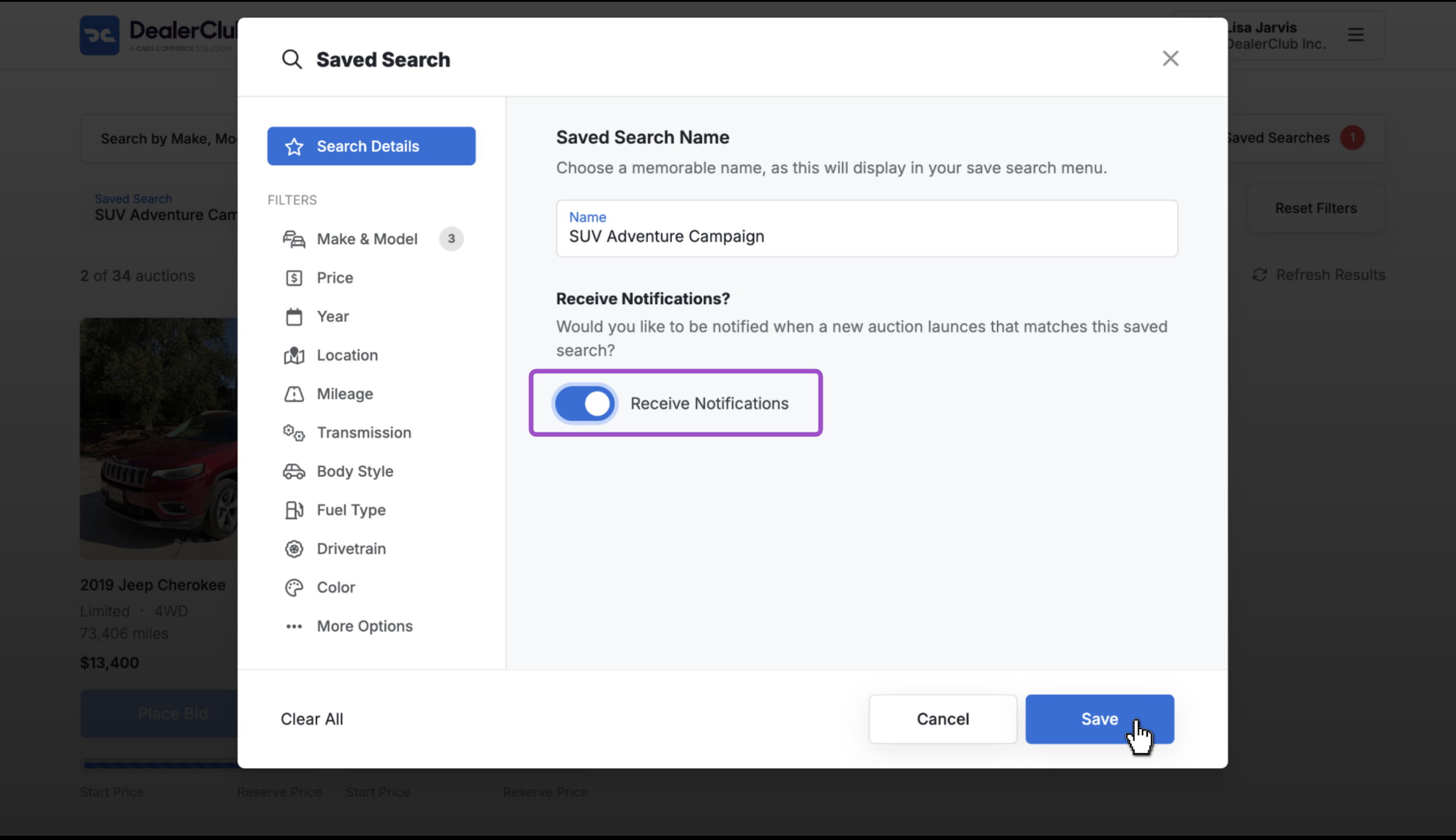 dealerClub search filters Receive notifications for matches