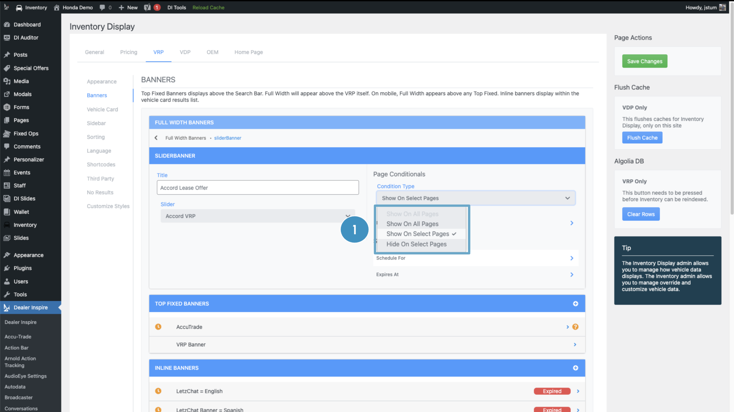 add banner Set page display rules