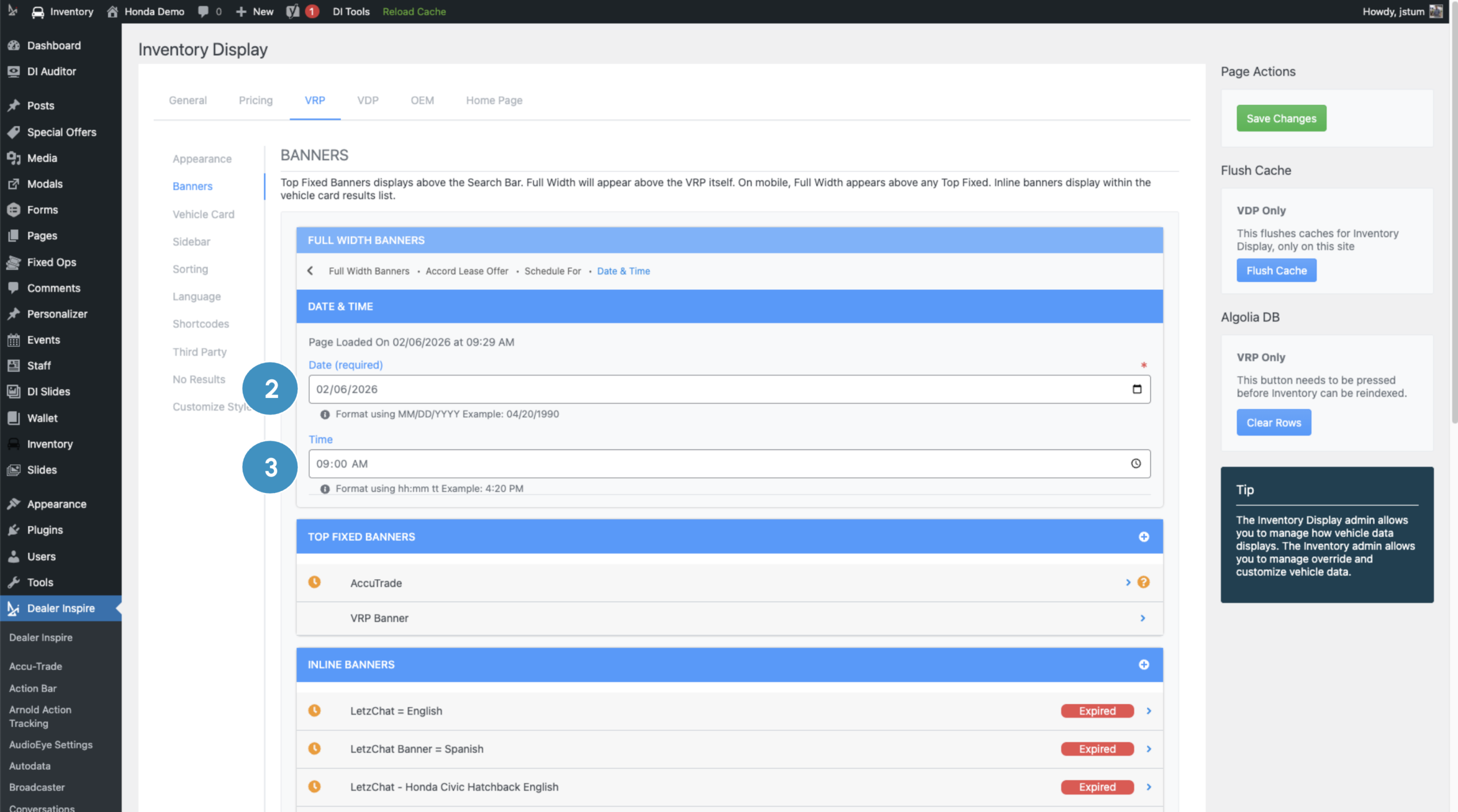 VRP banner select date and time