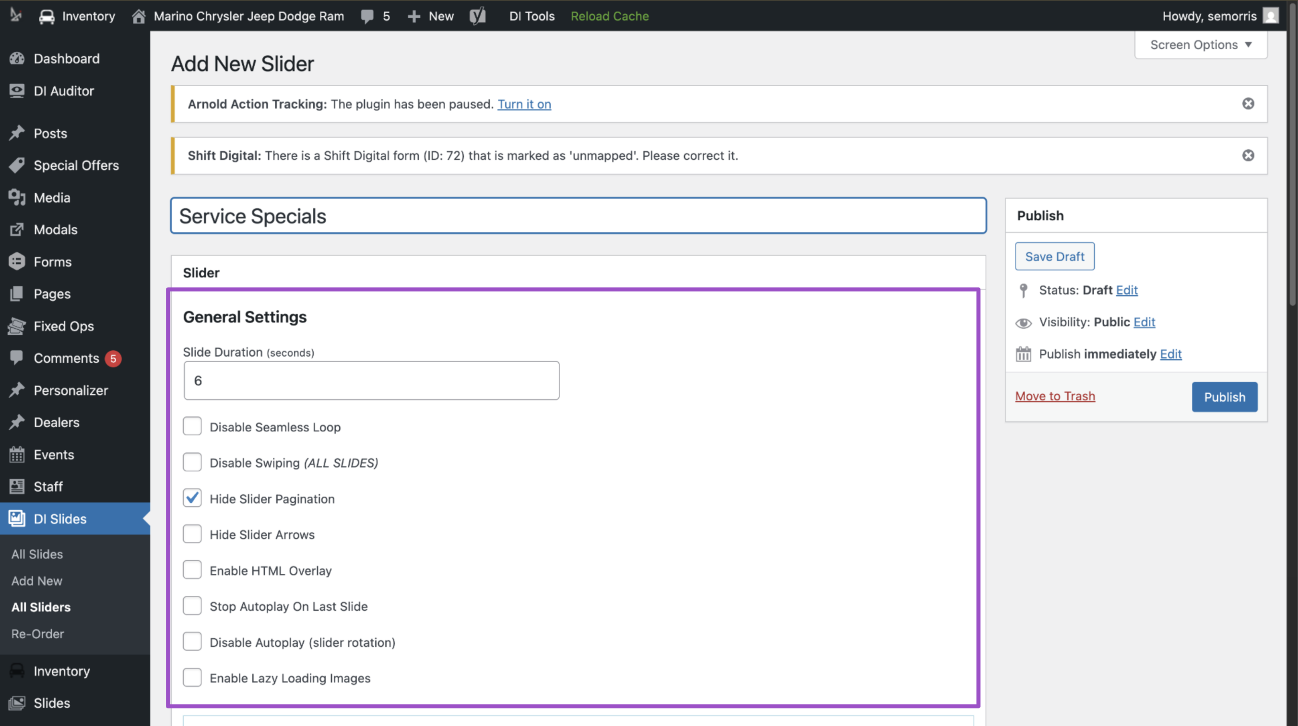 Adjust DI slider settings