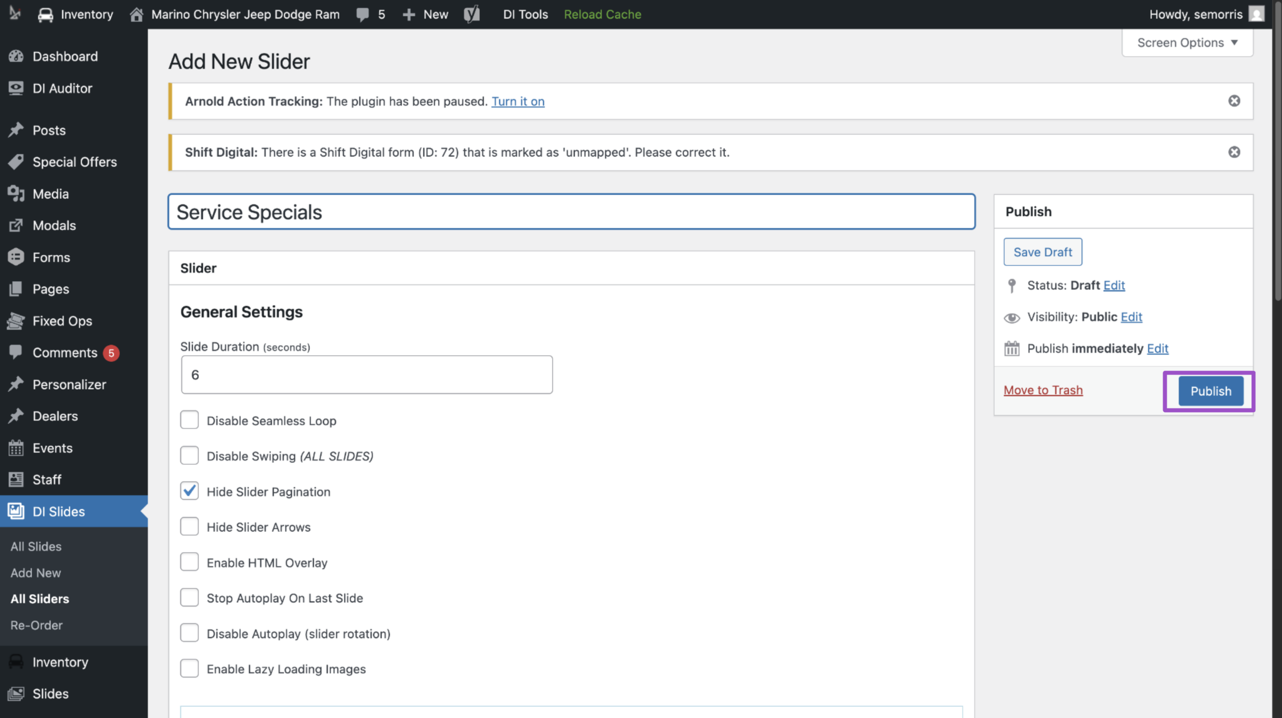 click Publish to create your new DI slider
