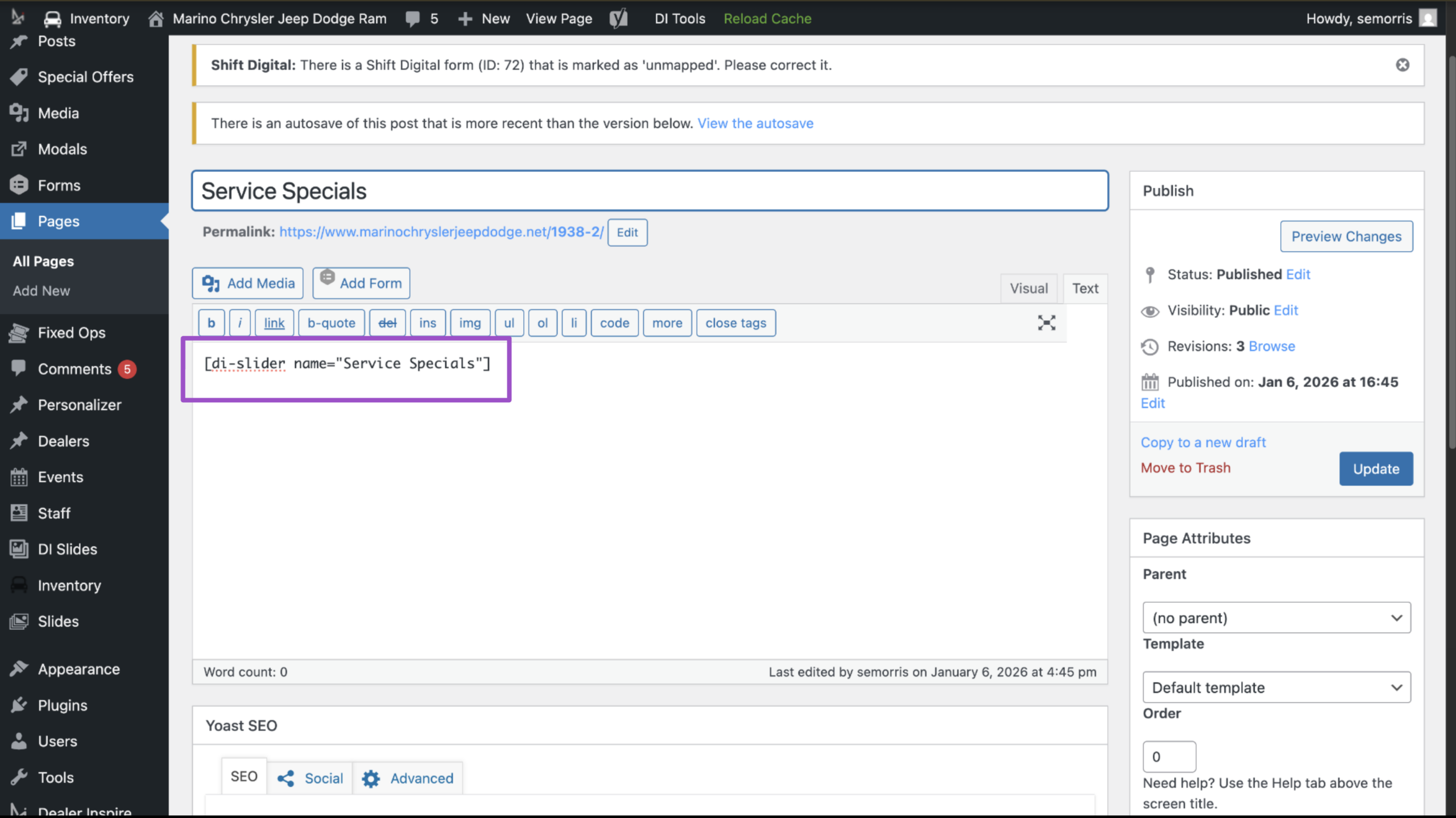 Add the slider shortcode to a web page
