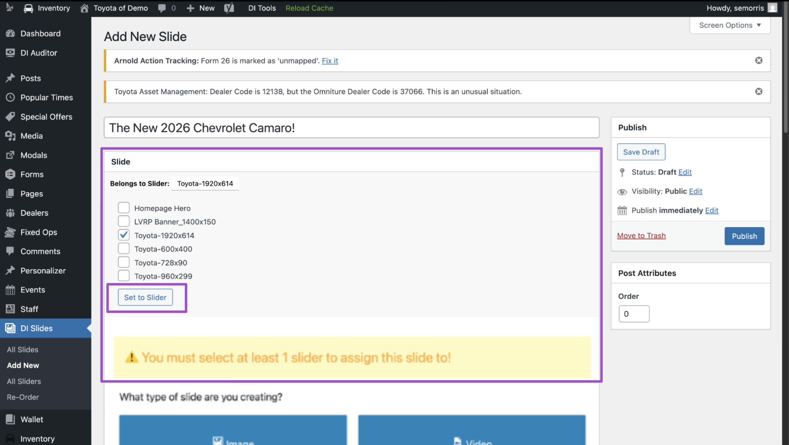 DI slider to add videos Assign the slide to a Slider