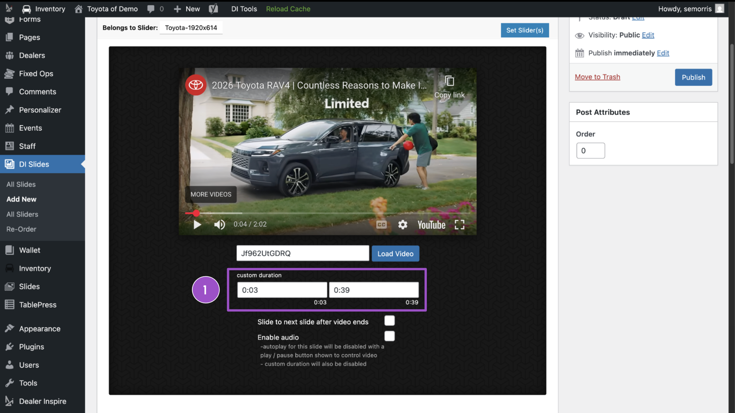 DI slides to add videos Custom Video Duration
