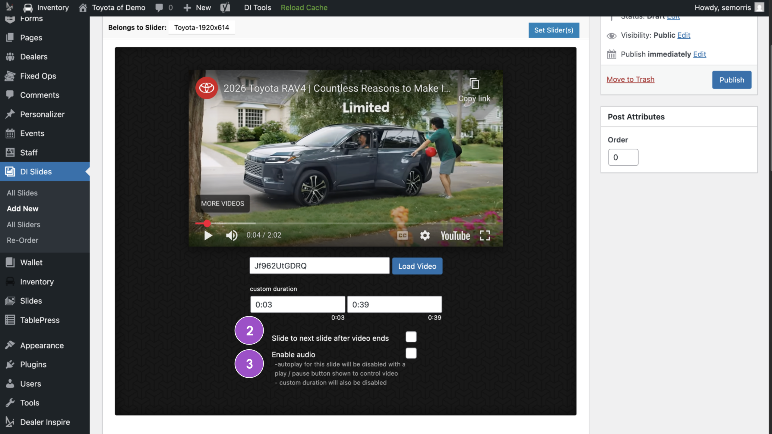 DI video settings Slide to Next Slide After Video Ends and Enable Audio