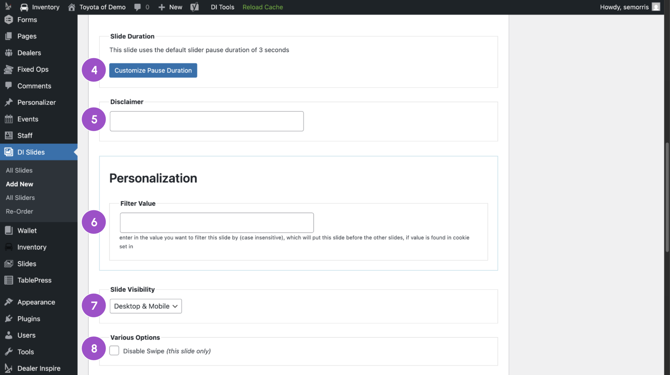 DI slides to add videos Optional video settings