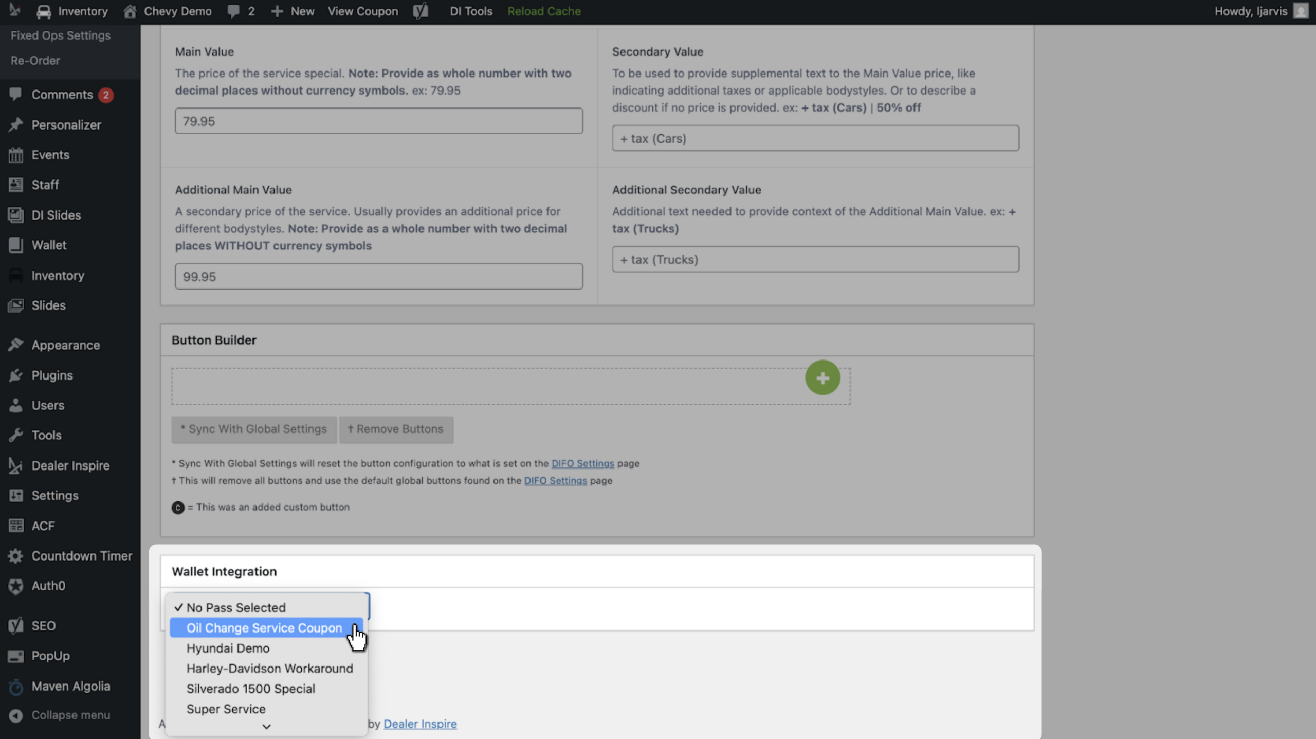 Choose the wallet pass from the dropdown
