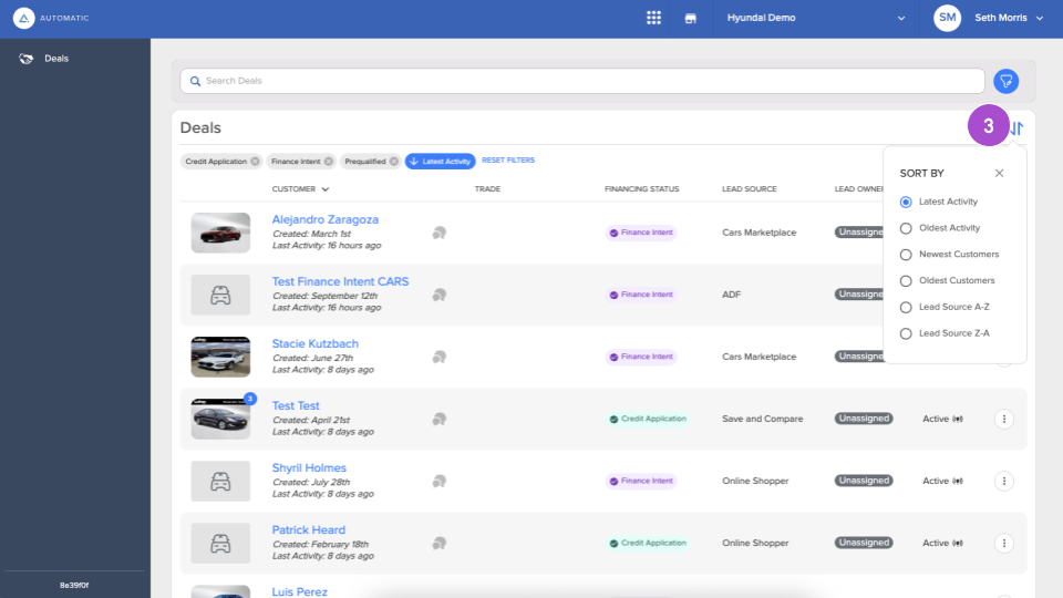 Sort by Activity, Newest/Oldest Customers, and Lead Source.

