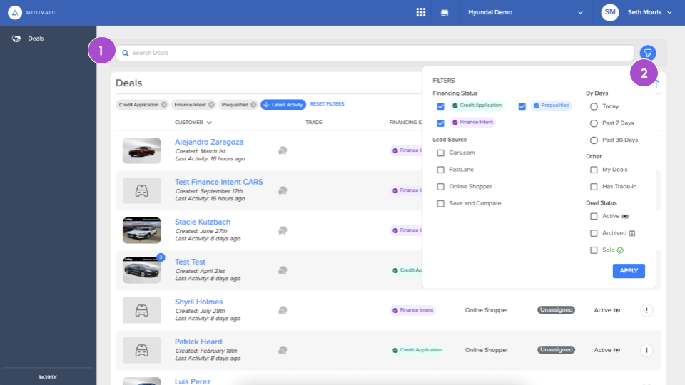 Filter leads by Financing Status, Lead Source, Days, or Deal Status.