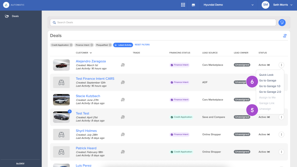 Go to the Customer’s Garage, where you can review application details.
