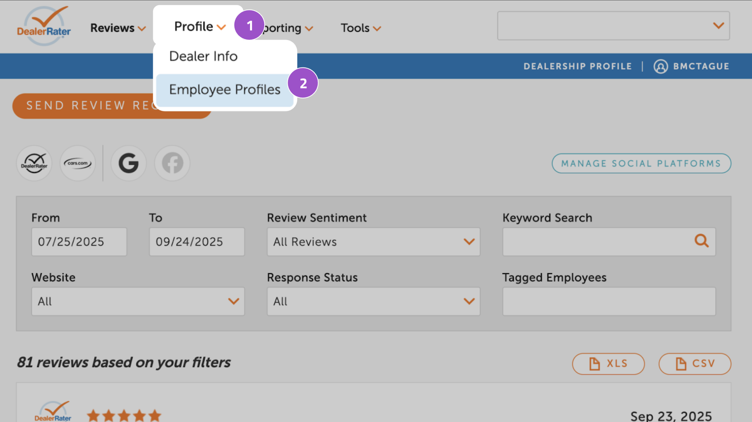 Employee profiles in dealer panel