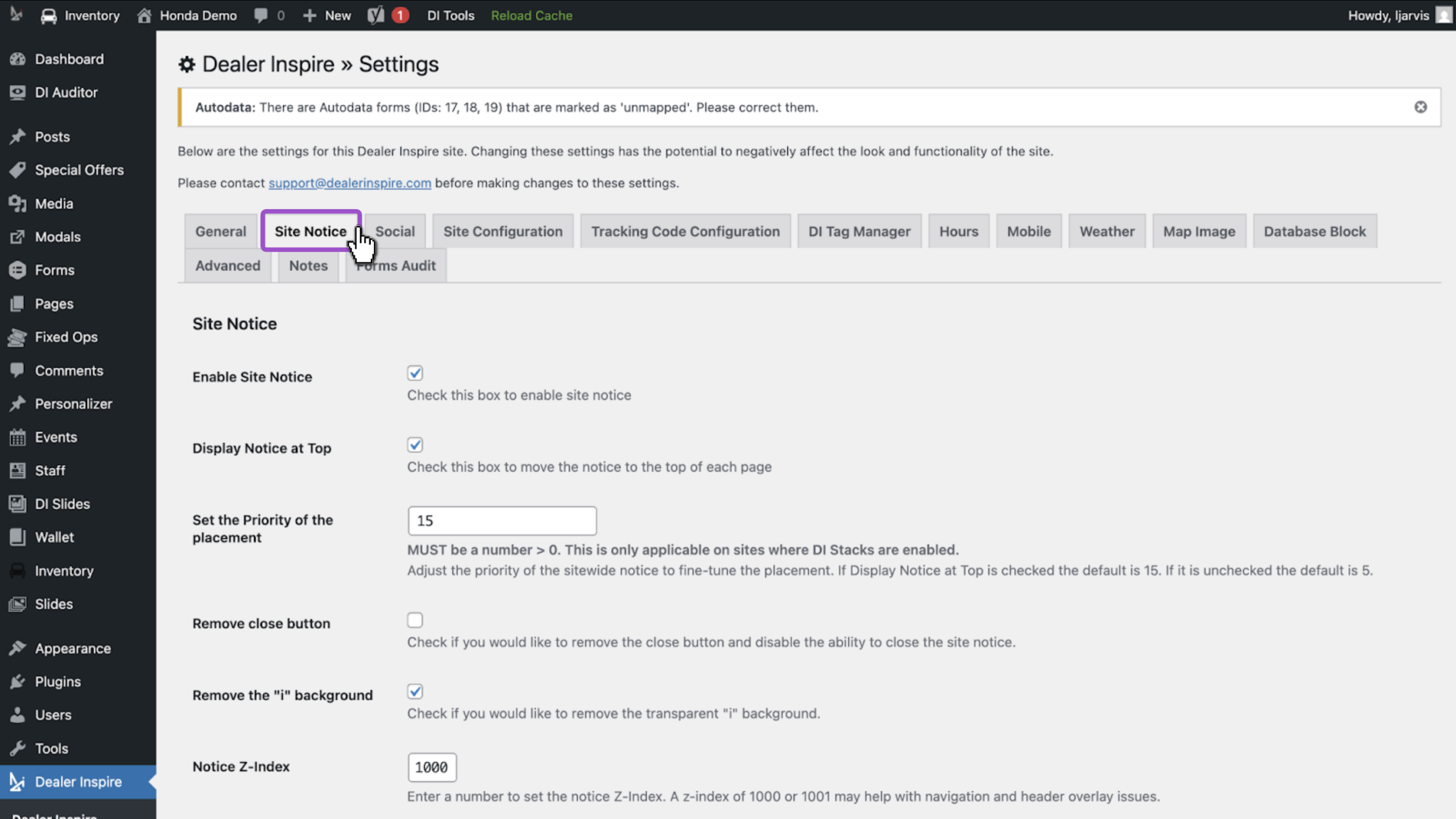 Site Notice tab