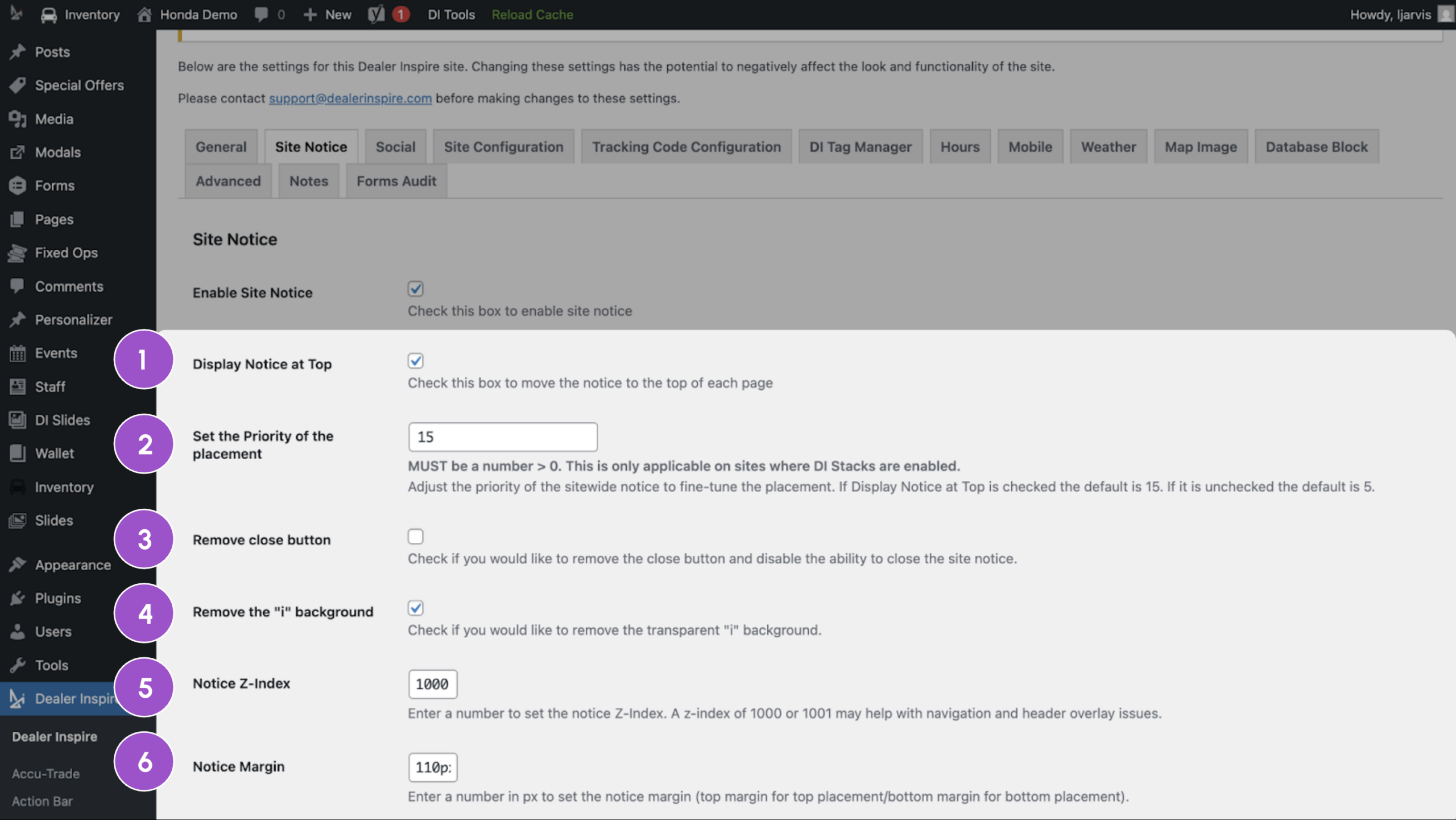 Configure site notice settings