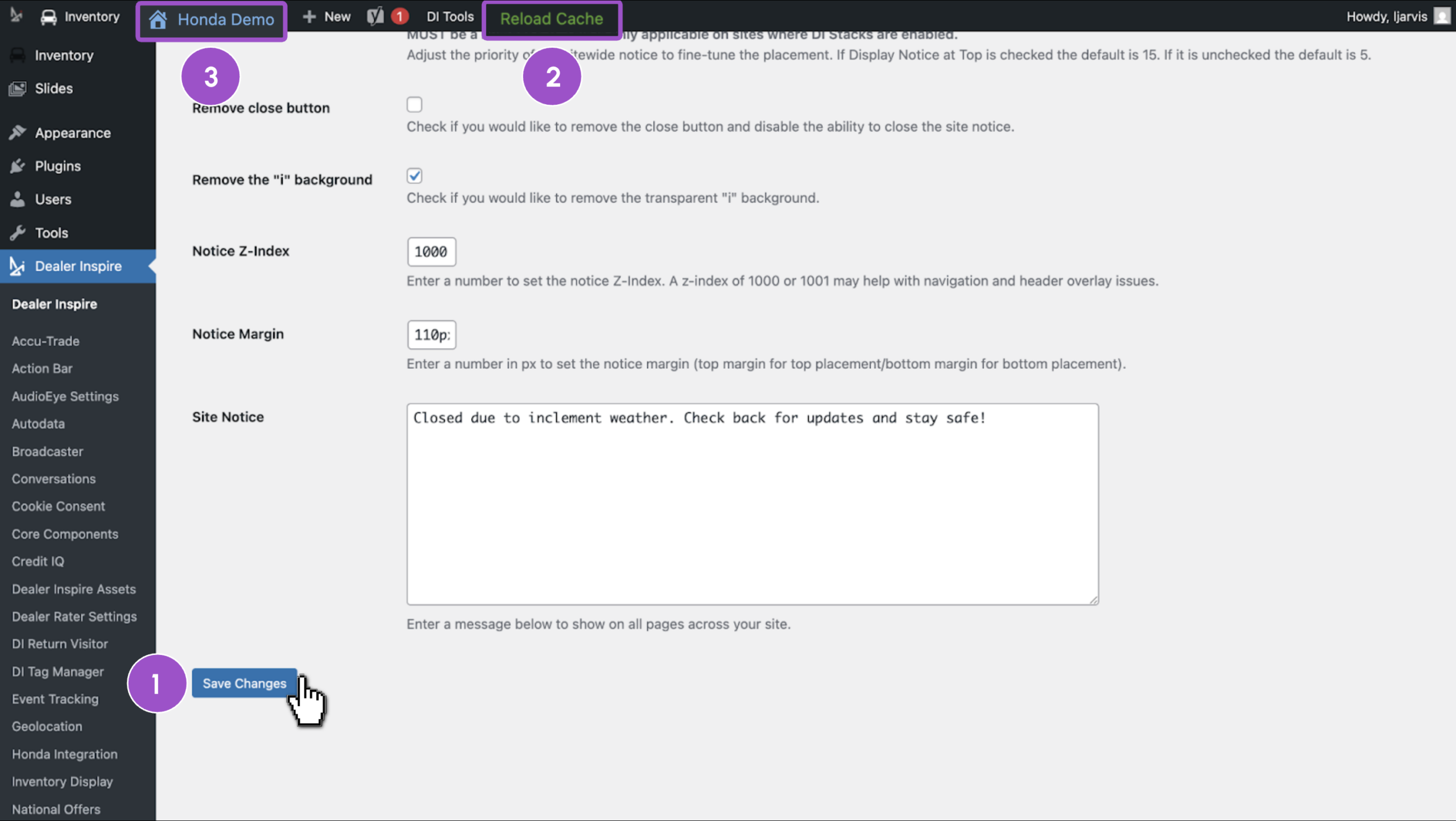 Save changes and view the site notice