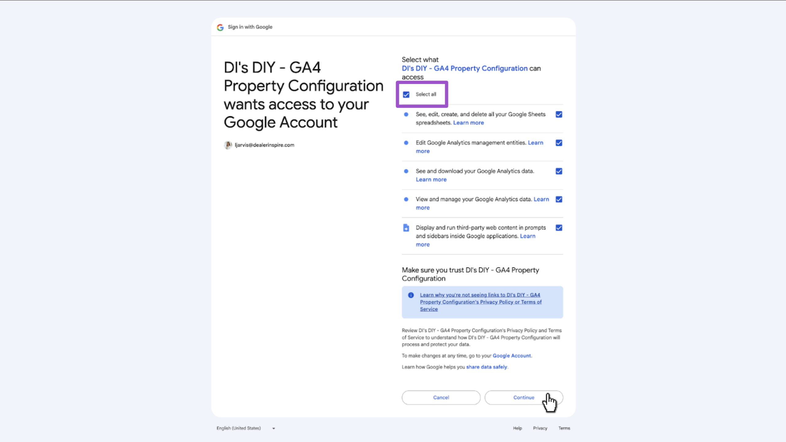 Continue with Google connection
