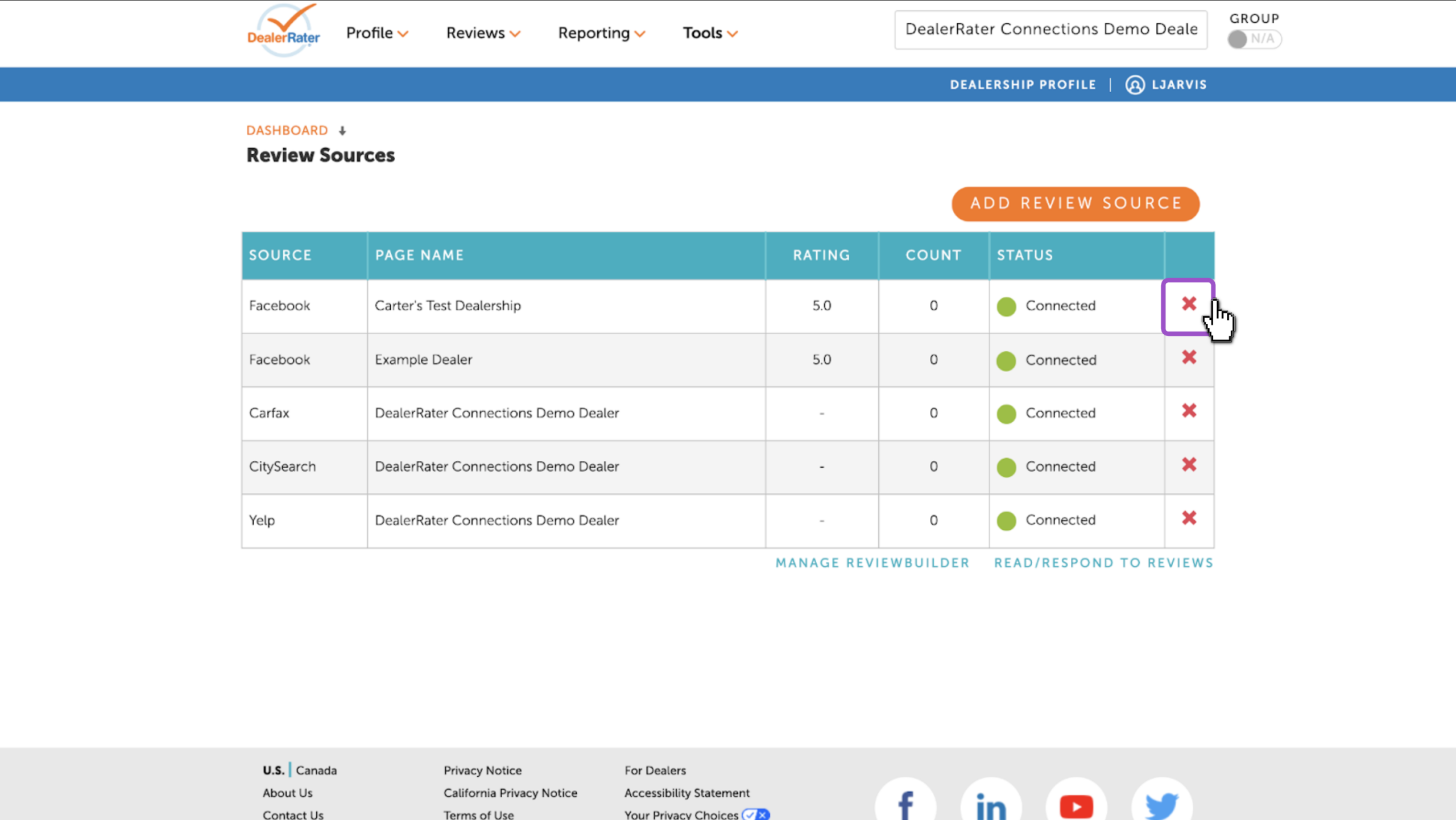 Delete a review source connection