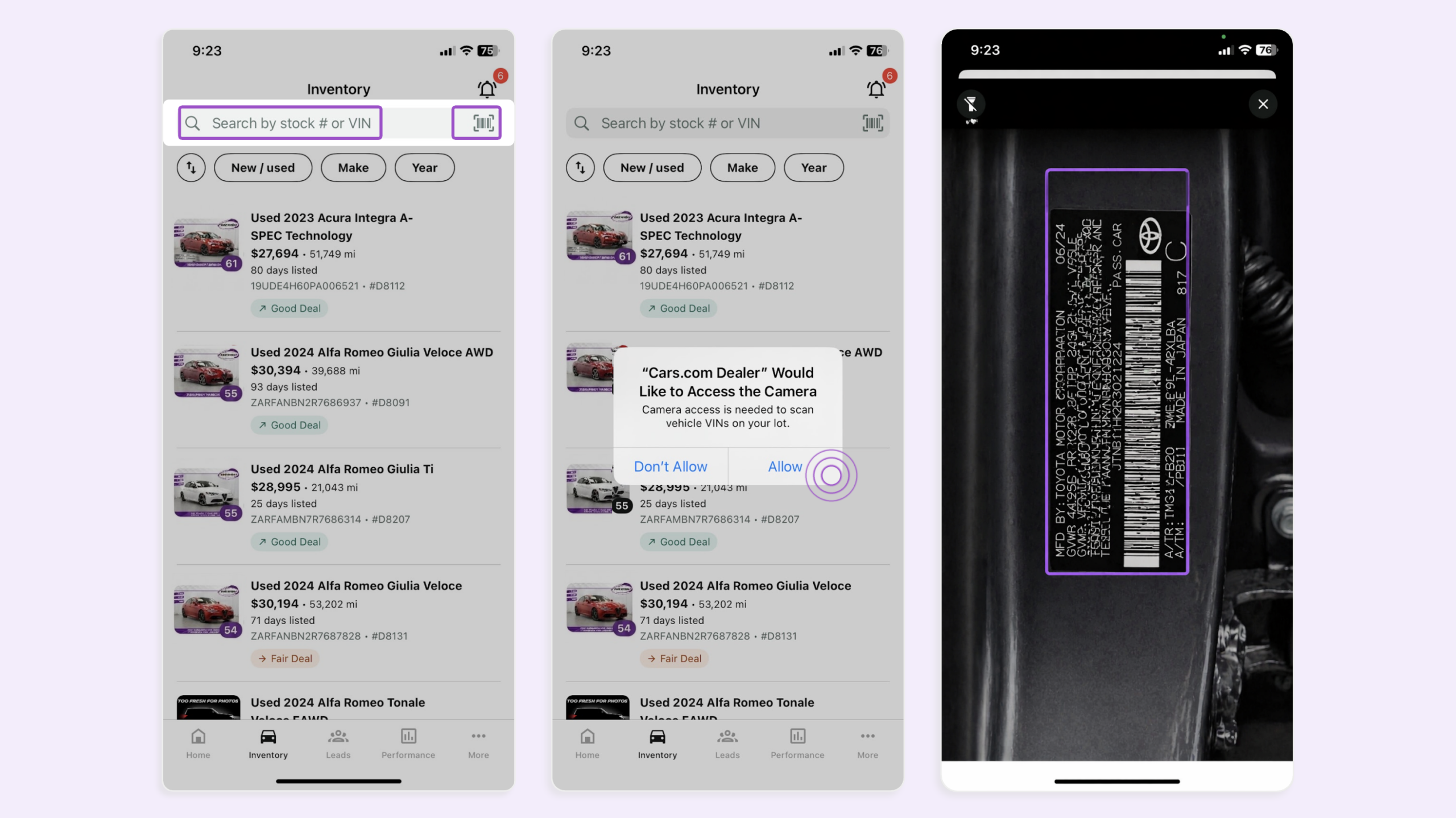 Dealer app scanning vin