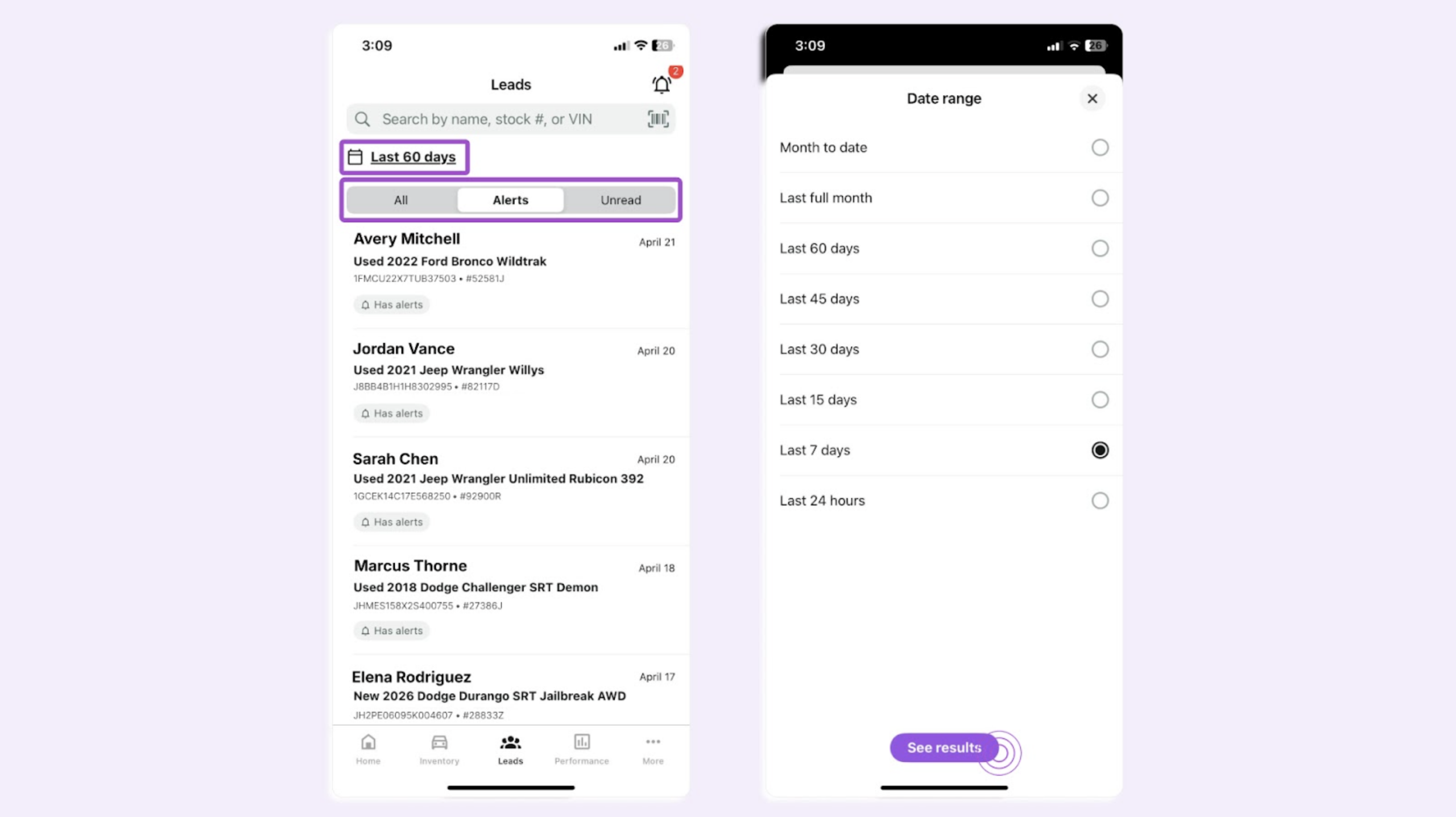 Leads in the dealer app
