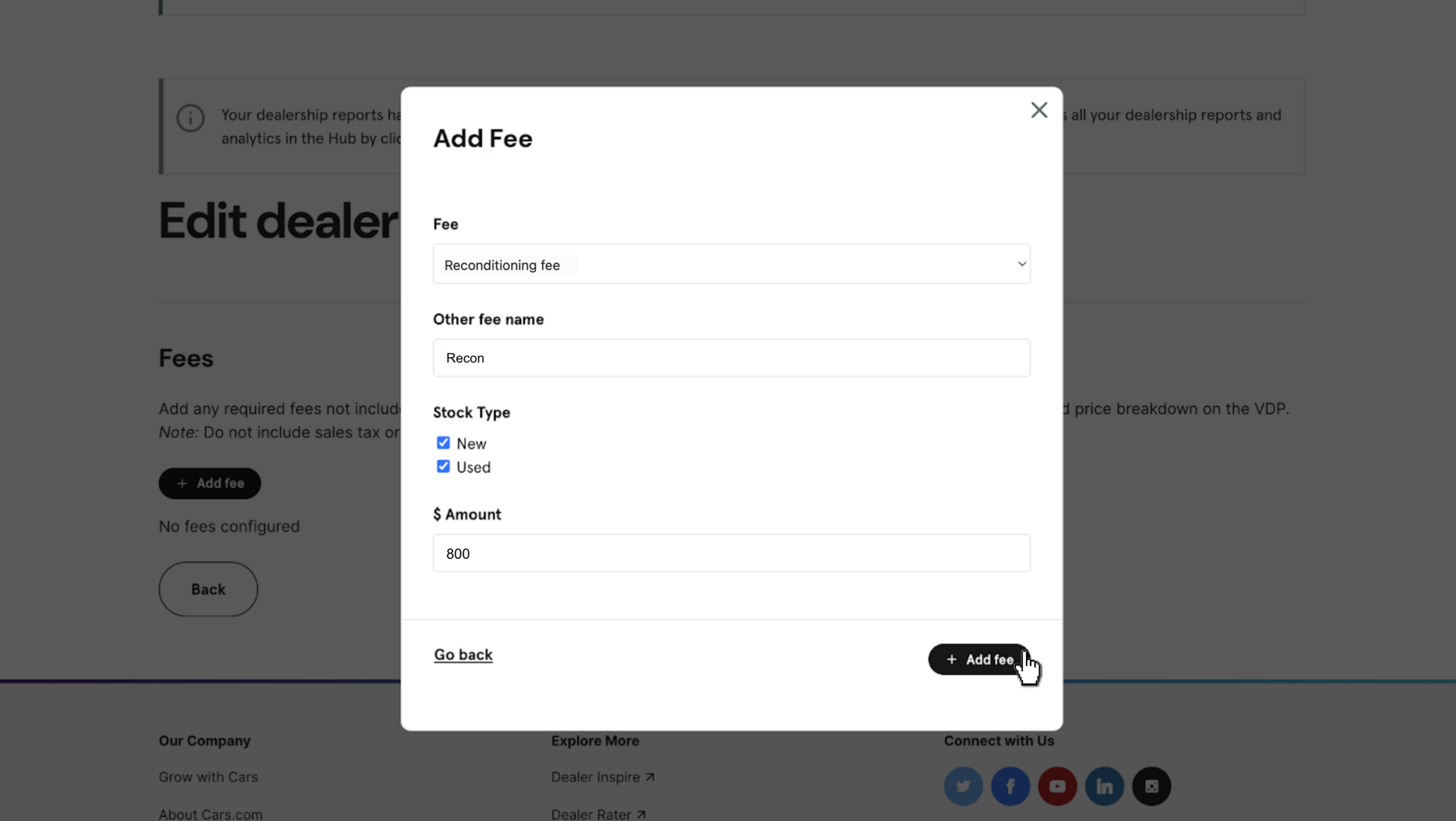 configure fee fields