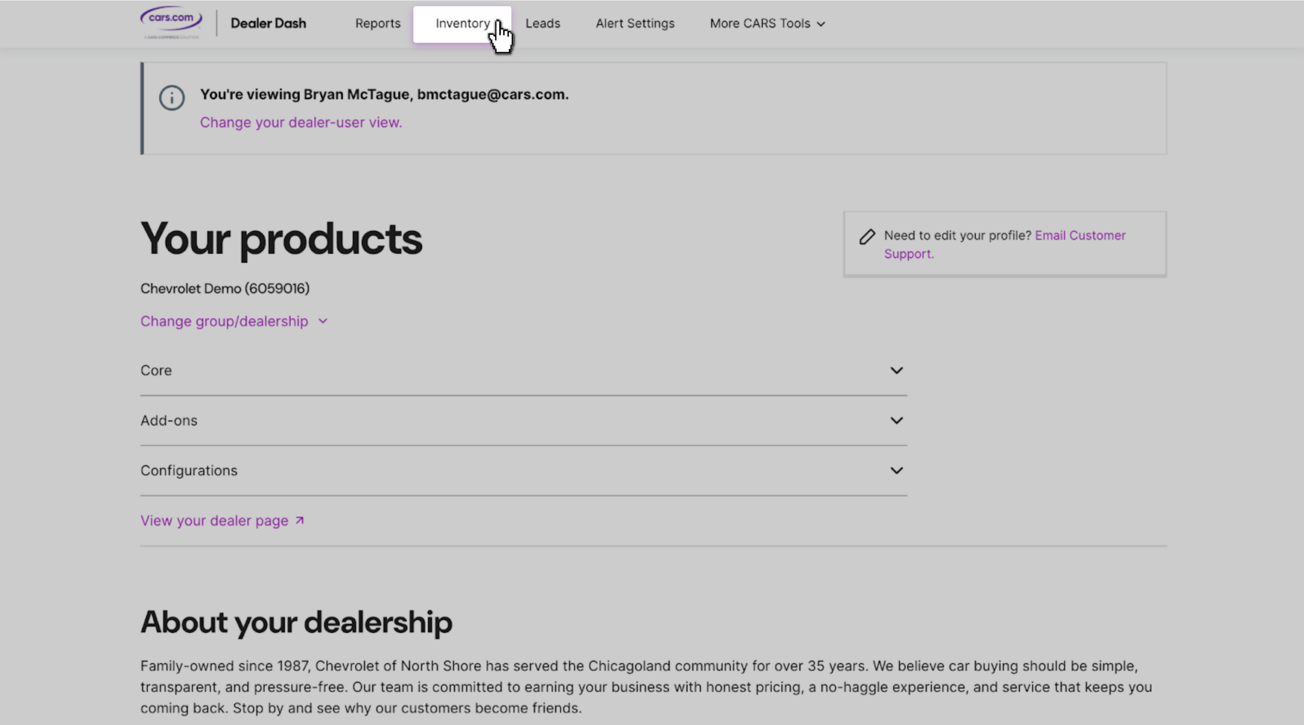 inventory on dealer dash